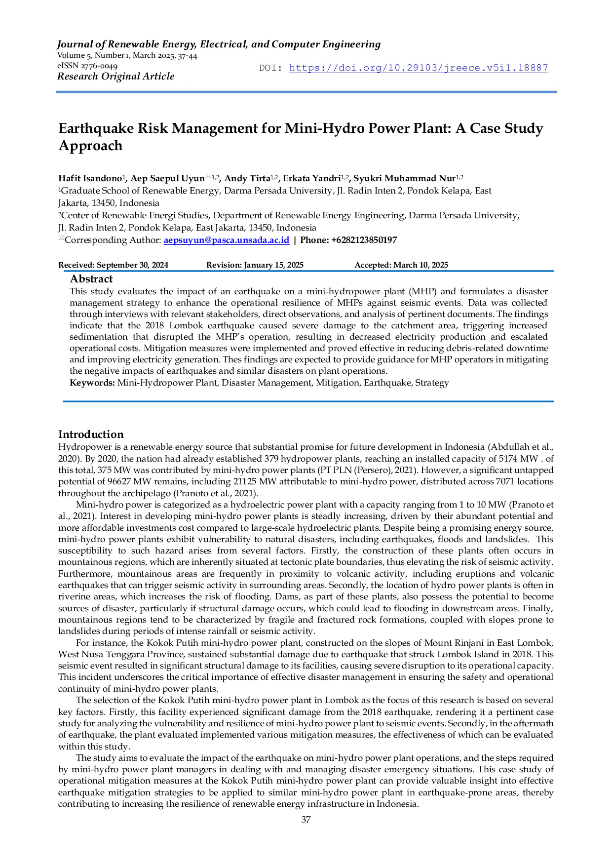 JURIS Earthquake Risk Management for Mini Hydro Power Plant A Case Study Approach