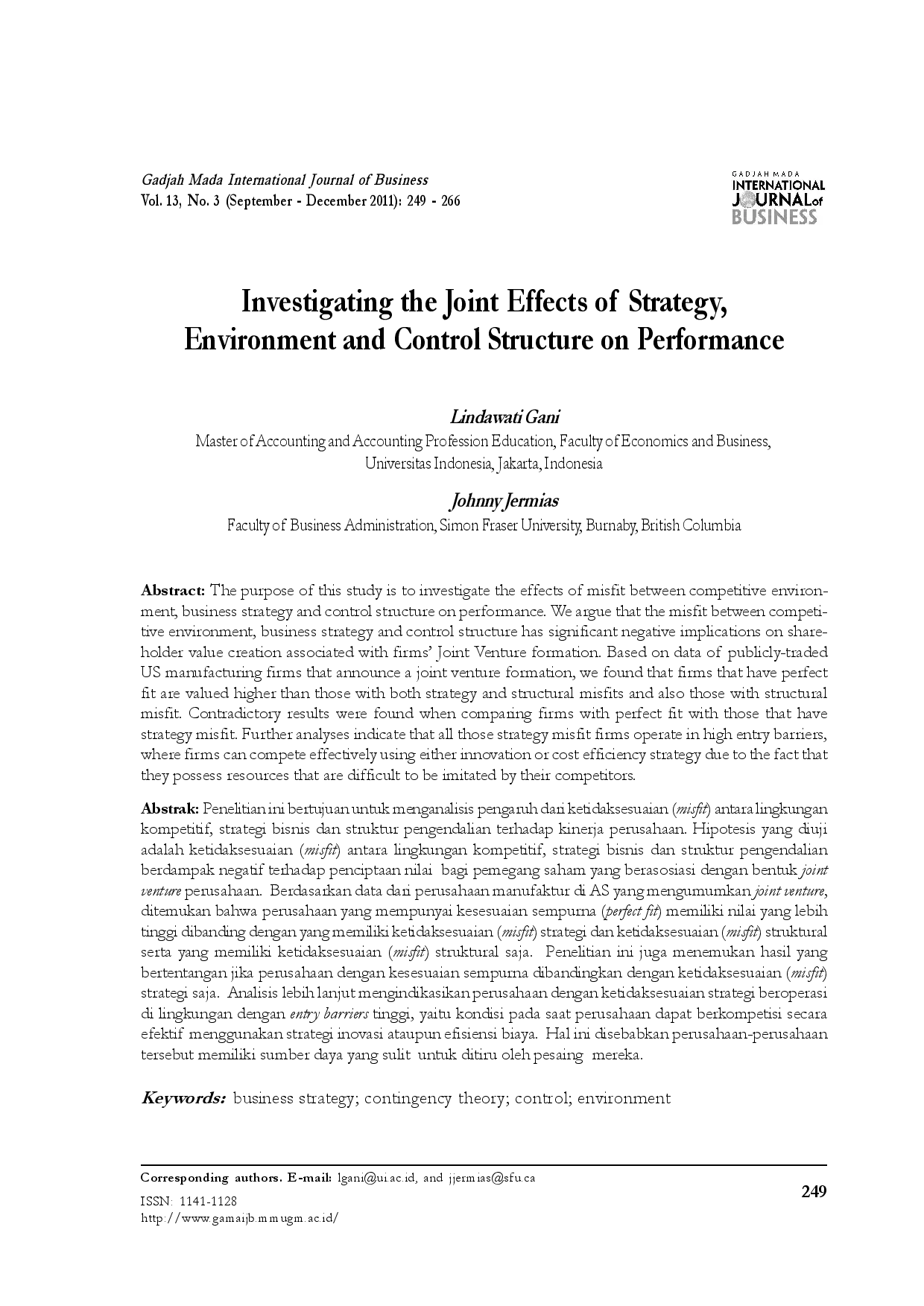 juris Investigating the Joint Effects of Strategy Environment and Control Structure on Performance