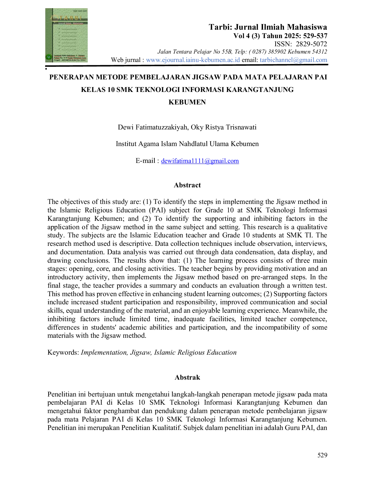 JURIS Penerapan Metode Pembelajaran Jigsaw Pada Mata Pelajaran PAI Kelas 10 SMK Teknologi Informasi Karangtanjung Kebumen