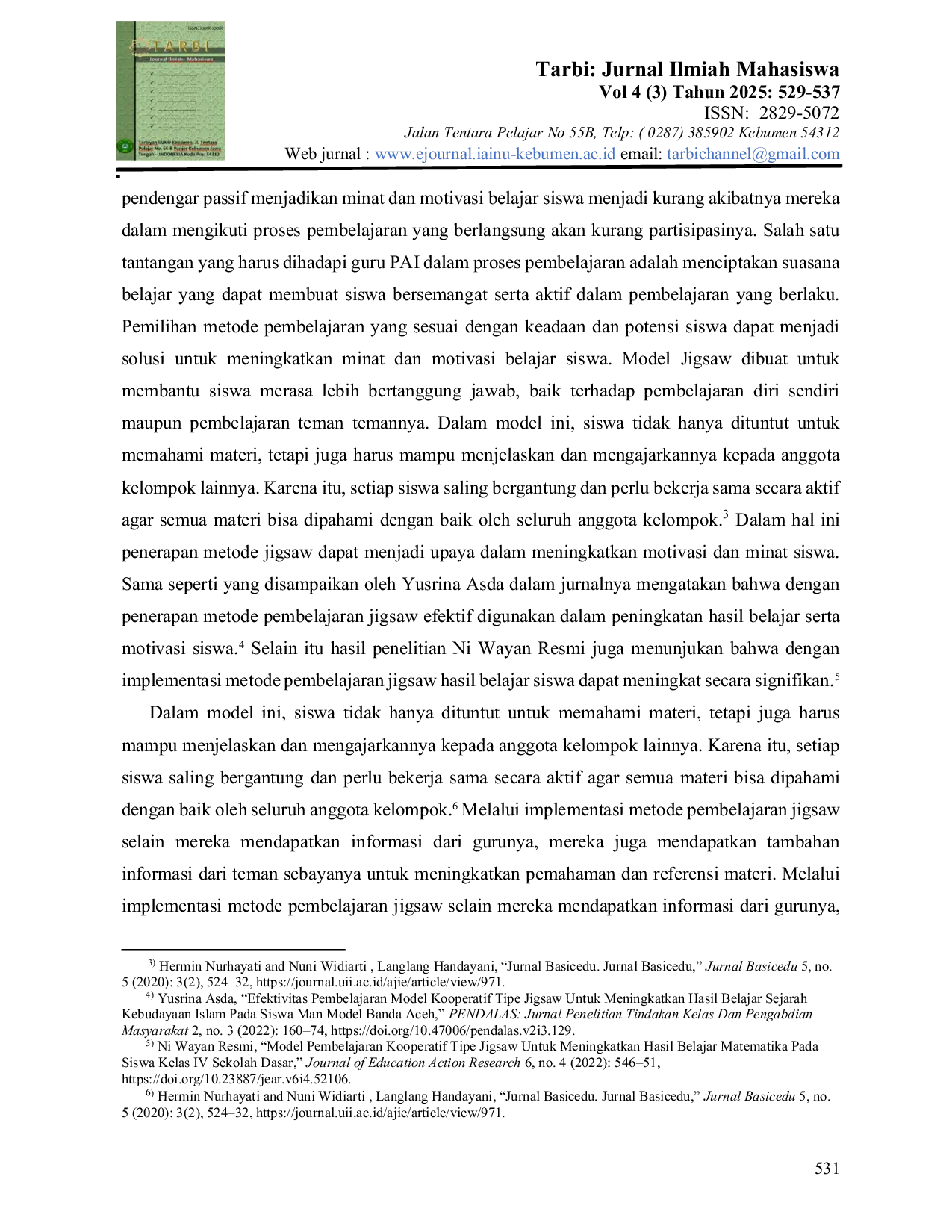 JURIS Penerapan Metode Pembelajaran Jigsaw Pada Mata Pelajaran PAI Kelas 10 SMK Teknologi Informasi Karangtanjung Kebumen