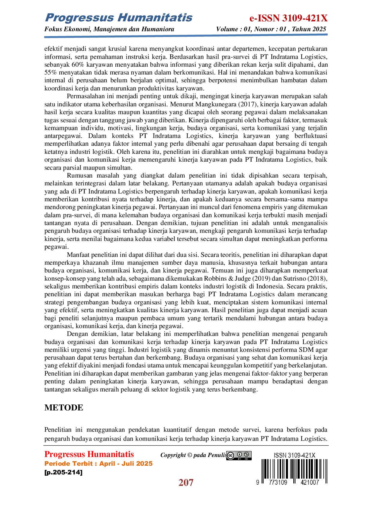 JURIS Pengaruh Budaya Organisasi dan Komunikasi Kerja terhadap Kinerja Karyawan pada PT Indratama Logistics