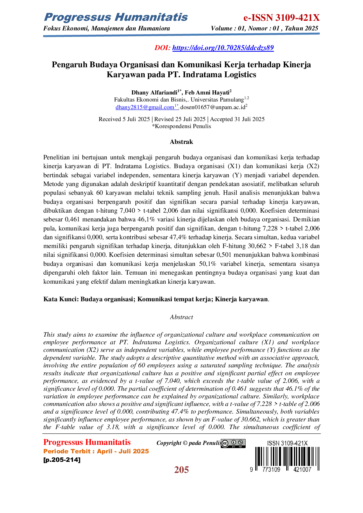 JURIS Pengaruh Budaya Organisasi dan Komunikasi Kerja terhadap Kinerja Karyawan pada PT Indratama Logistics