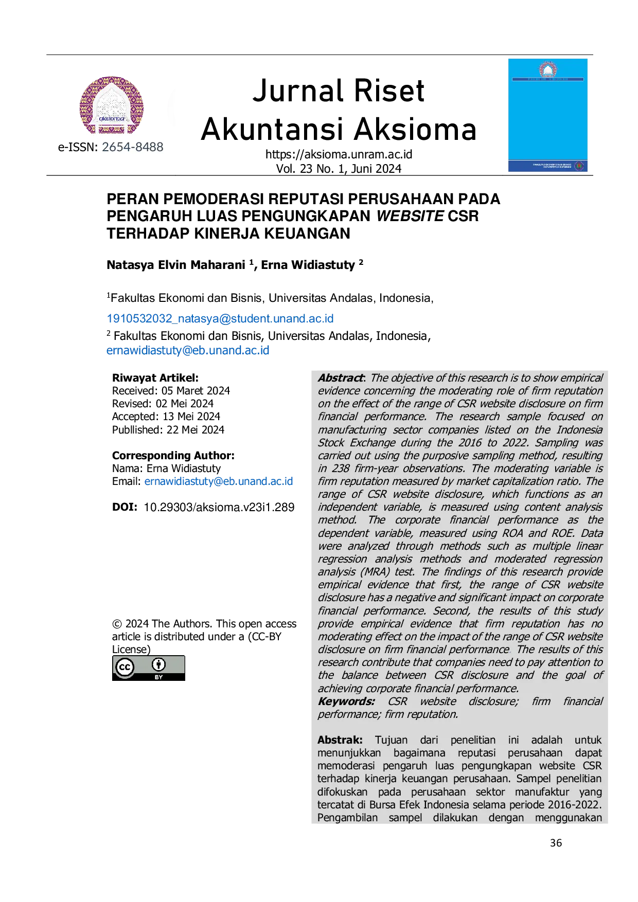JURIS Peran Pemoderasi Reputasi Perusahaan Pada Pengaruh Luas Pengungkapan Website CSR Terhadap Kinerja Keuangan