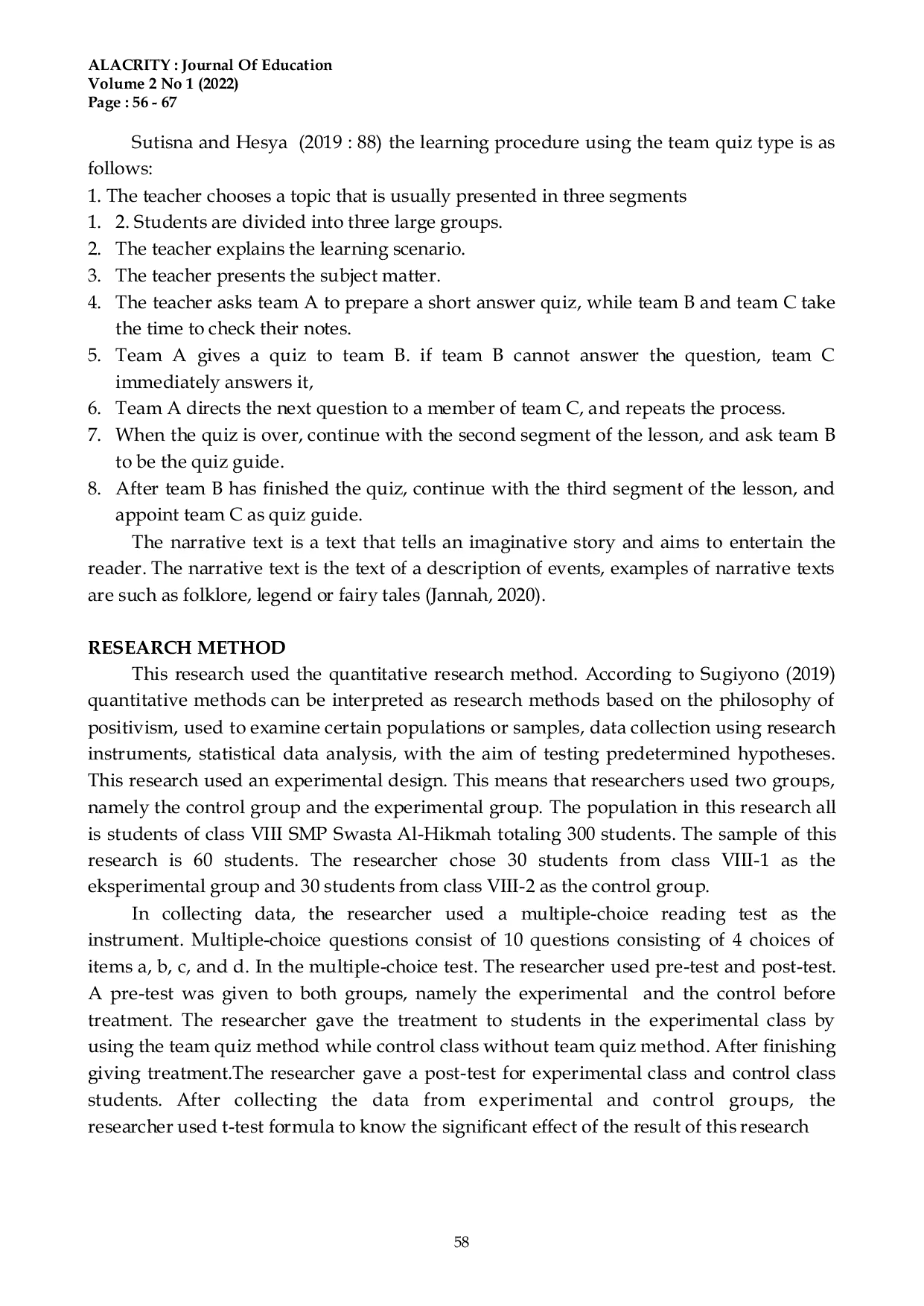 JURIS The Effect Of Team Quiz Method On Students Reading Comprehension Skill In Narrative Text At SMP Swasta Al Hikmah