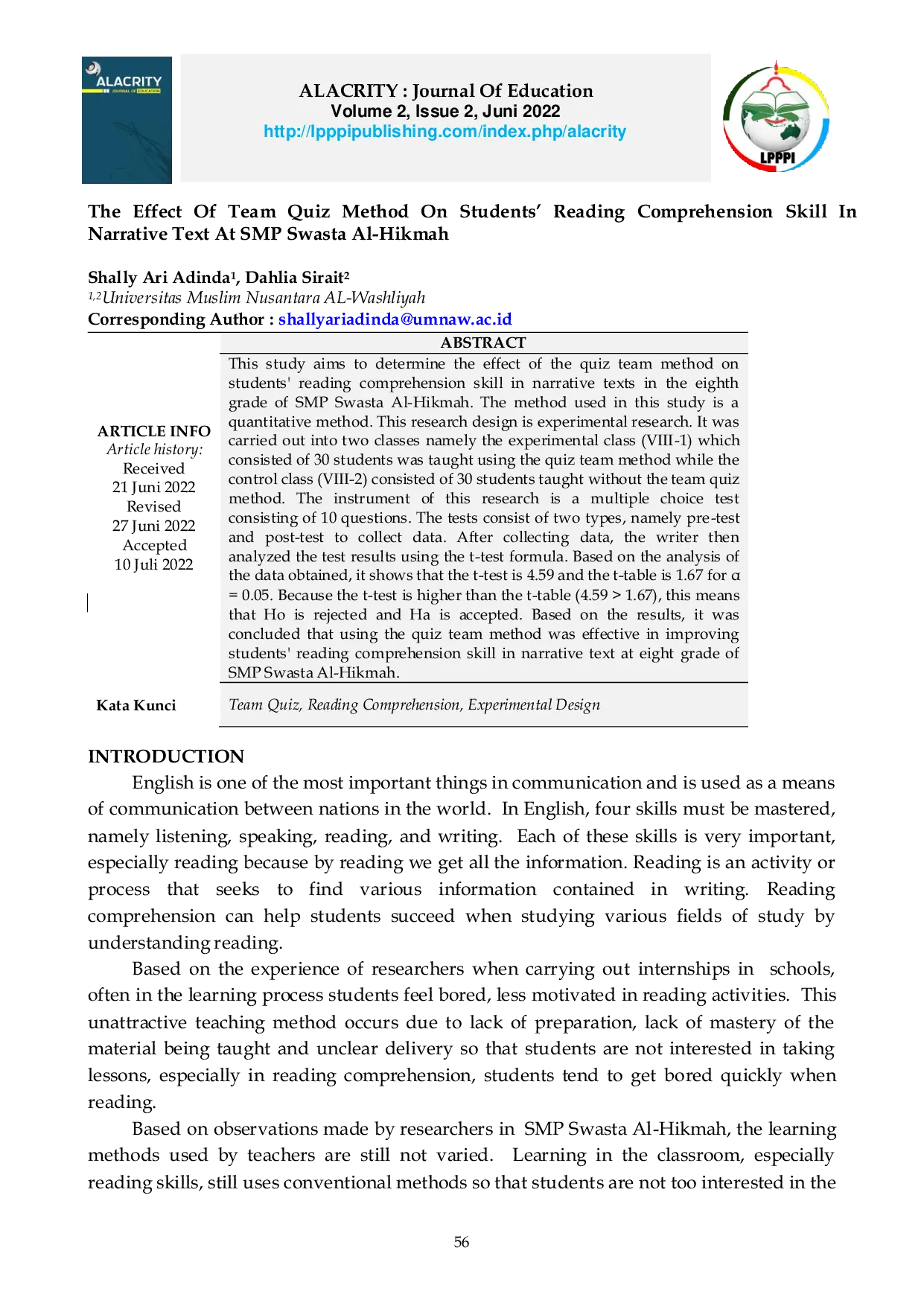 JURIS The Effect Of Team Quiz Method On Students Reading Comprehension Skill In Narrative Text At SMP Swasta Al Hikmah