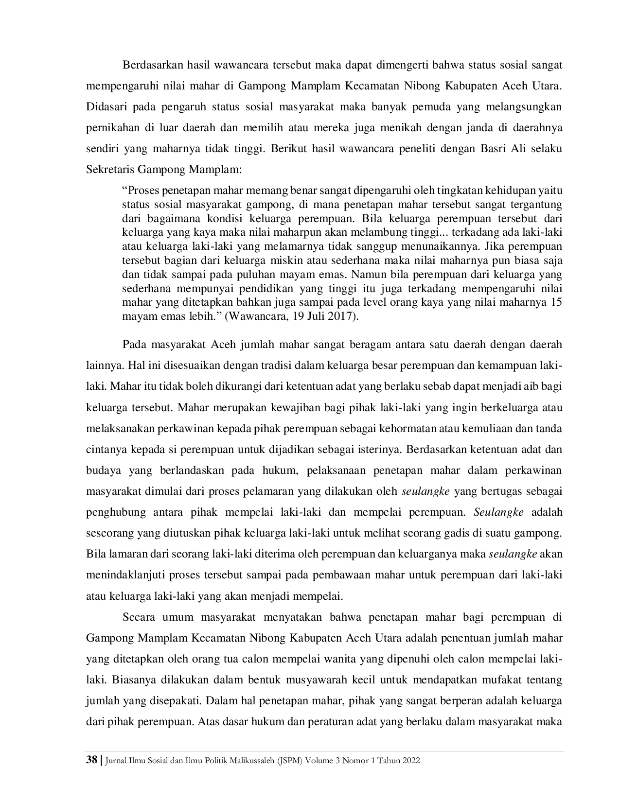 JURIS Tradisi dan Status Sosial dalam Penetapan Mahar Perkawinan di Gampong Mamplam Aceh Utara