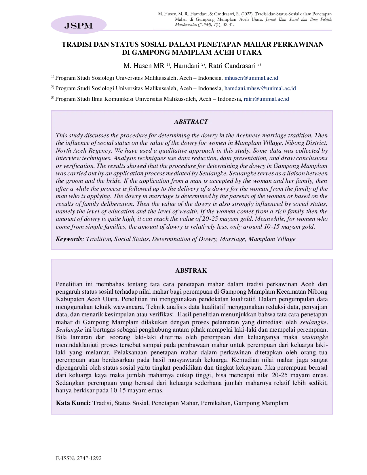 JURIS Tradisi dan Status Sosial dalam Penetapan Mahar Perkawinan di Gampong Mamplam Aceh Utara