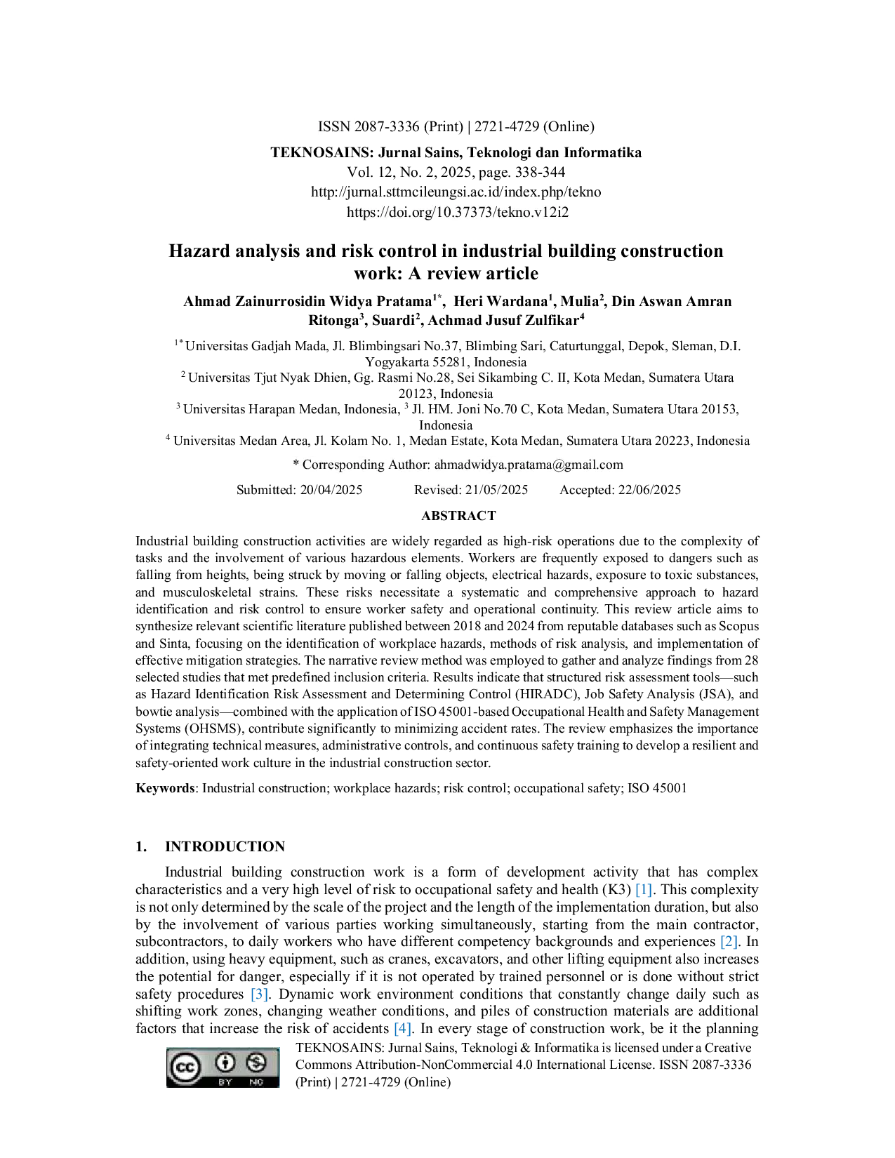 JURIS Hazard analysis and risk control in industrial building construction work A review article