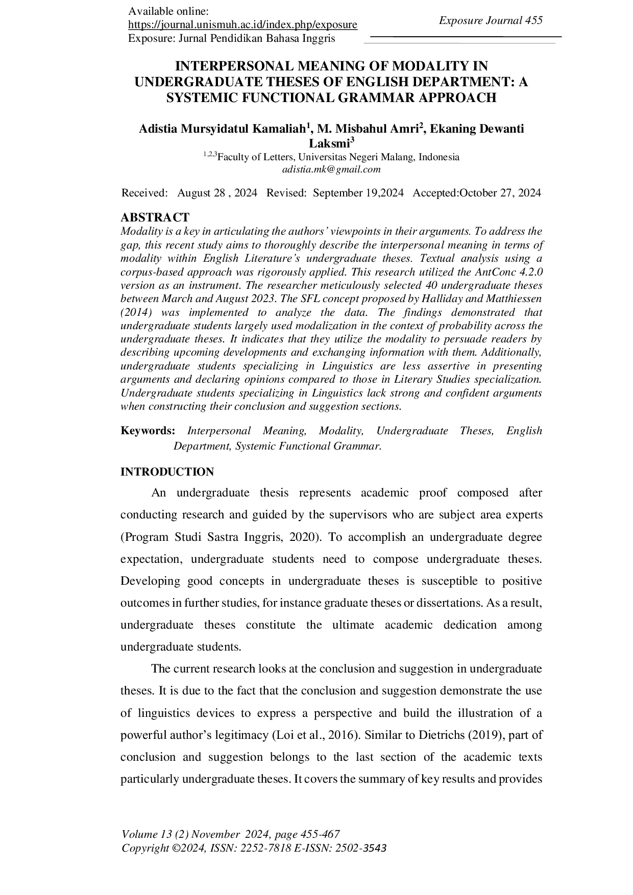 JURIS Interpersonal Meaning of Modality in Undergraduate Theses of English Department A Systemic Functional Grammar Approach