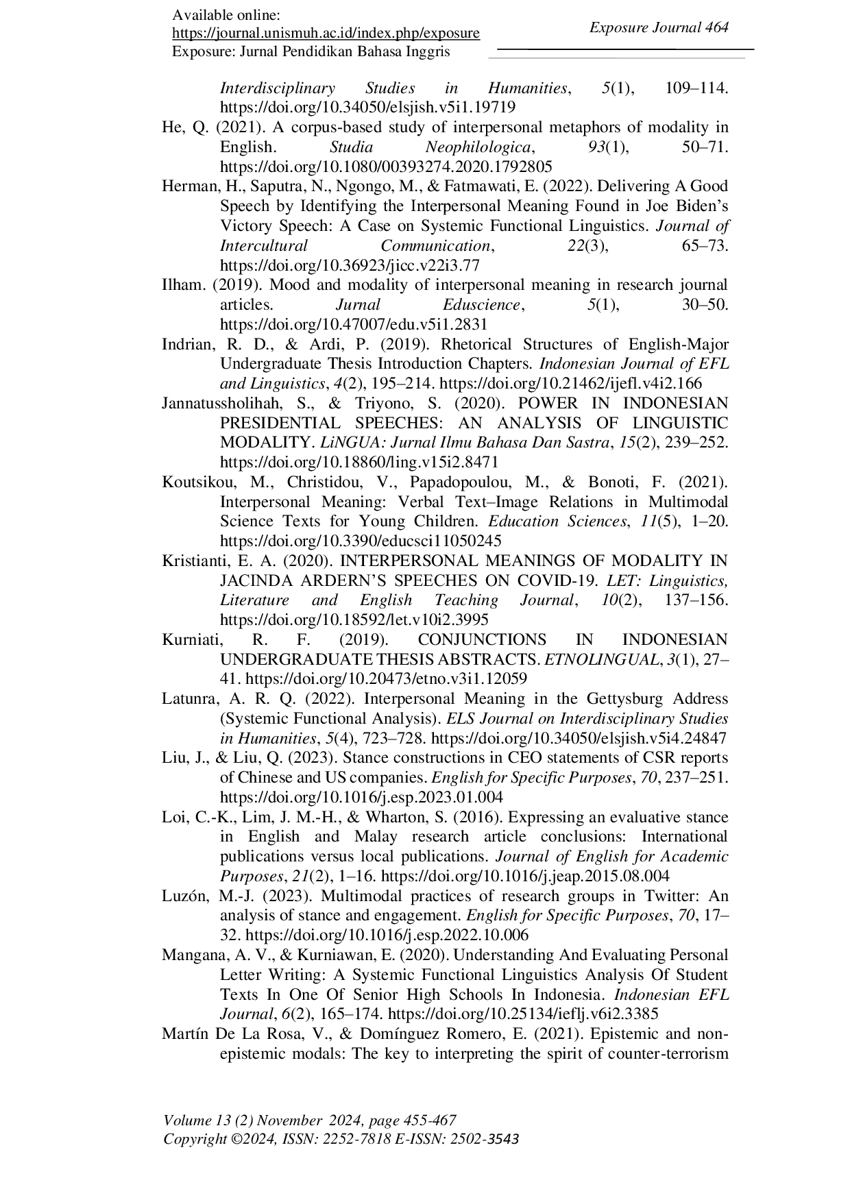 JURIS Interpersonal Meaning of Modality in Undergraduate Theses of English Department A Systemic Functional Grammar Approach