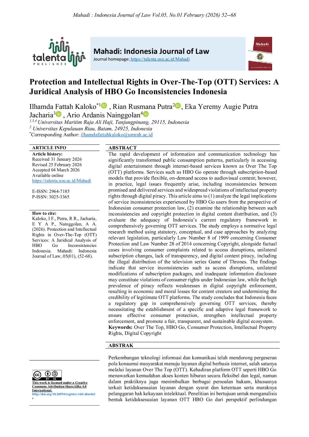 JURIS Protection and Intellectual Rights in Over The Top OTT Services A Juridical Analysis of HBO Go Inconsistencies Indonesia