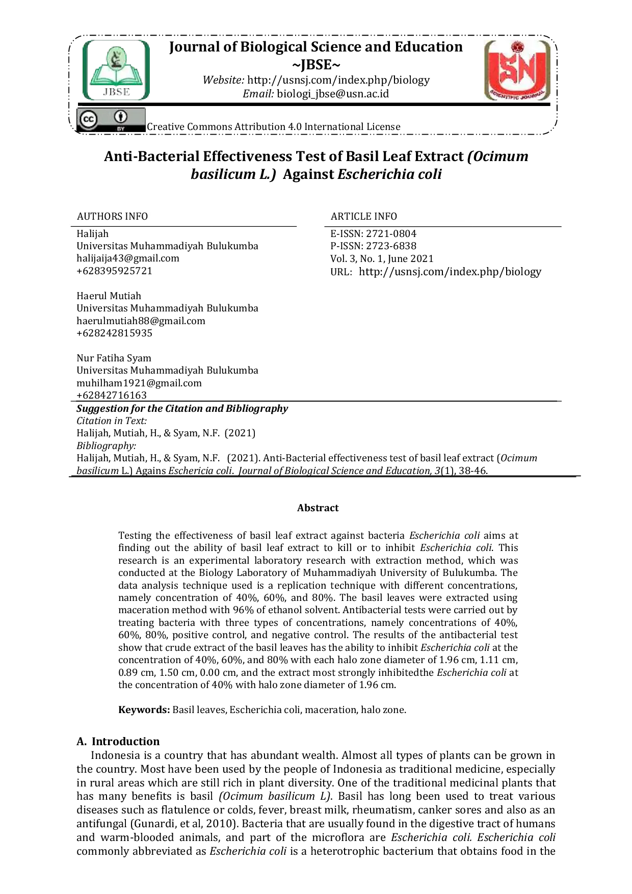 JURIS Anti Bacterial Effectiveness Test of Basil Leaf Extract Ocimum basilicum L Against Escherichia coli