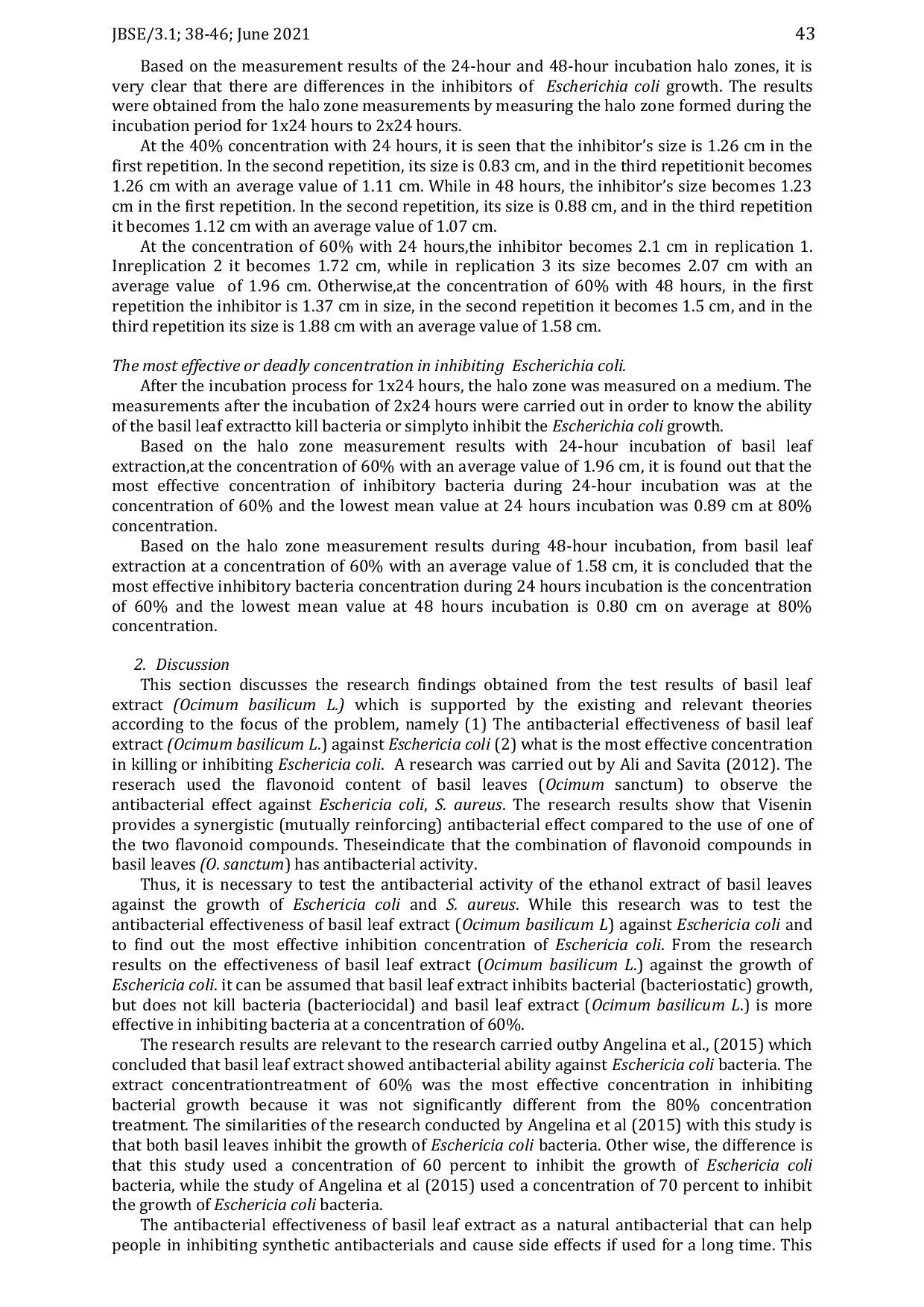 JURIS Anti Bacterial Effectiveness Test of Basil Leaf Extract Ocimum basilicum L Against Escherichia coli