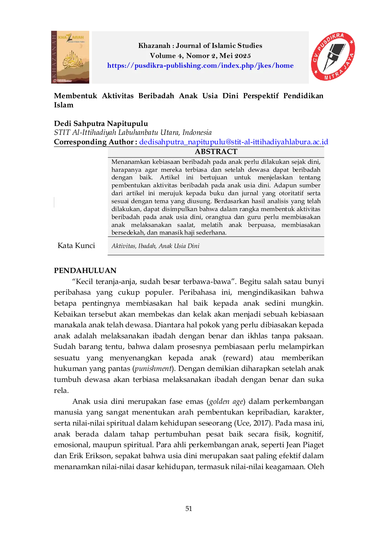 JURIS Membentuk Aktivitas Beribadah Anak Usia Dini Perspektif Pendidikan Islam