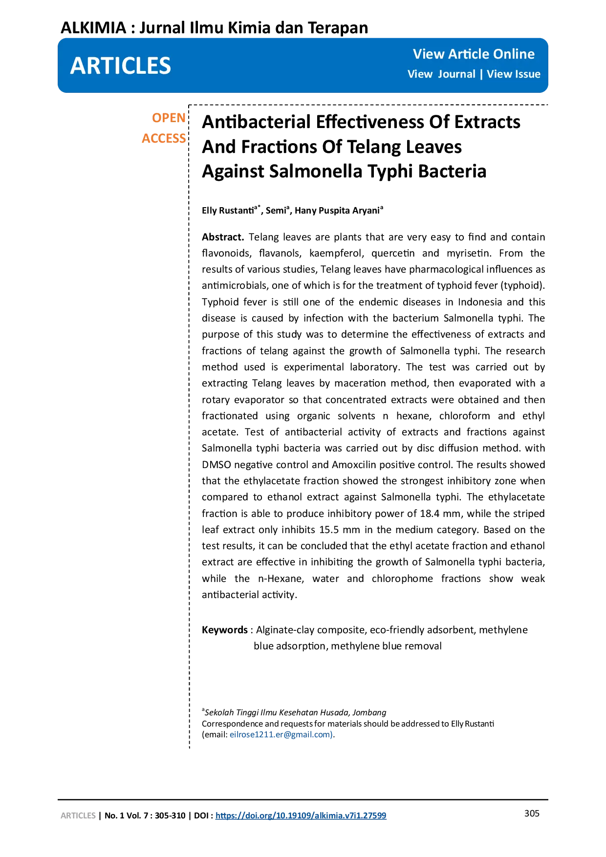 JURIS Antibacterial Effectiveness Of Extracts And Fractions Of Telang Leaves Against Salmonella Typhi Bacteria