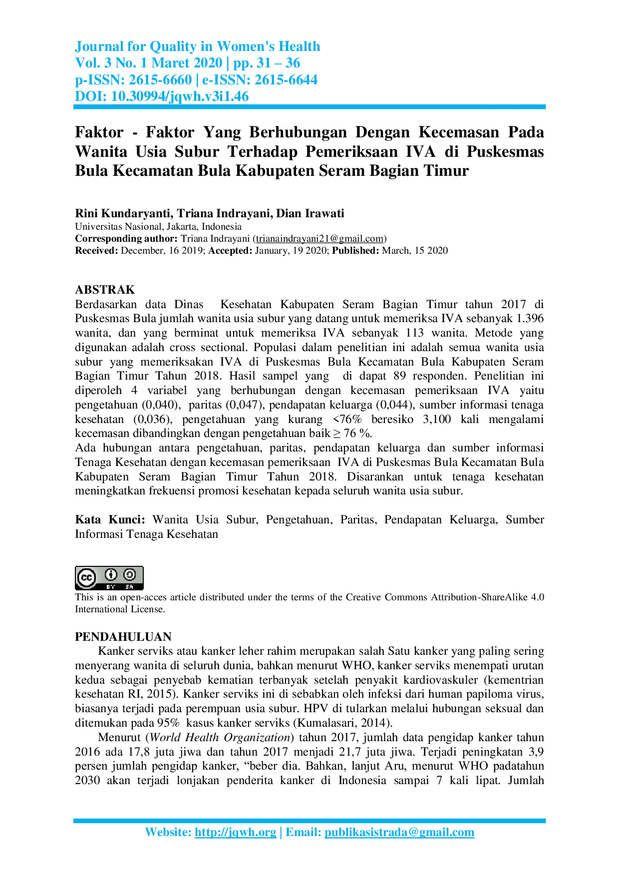 JURIS Faktor Faktor Yang Berhubungan Dengan Kecemasan Pada Wanita Usia Subur Terhadap Pemeriksaan IVA di Puskesmas Bula Kecamatan Bula Kabupaten Seram Bagian Timur