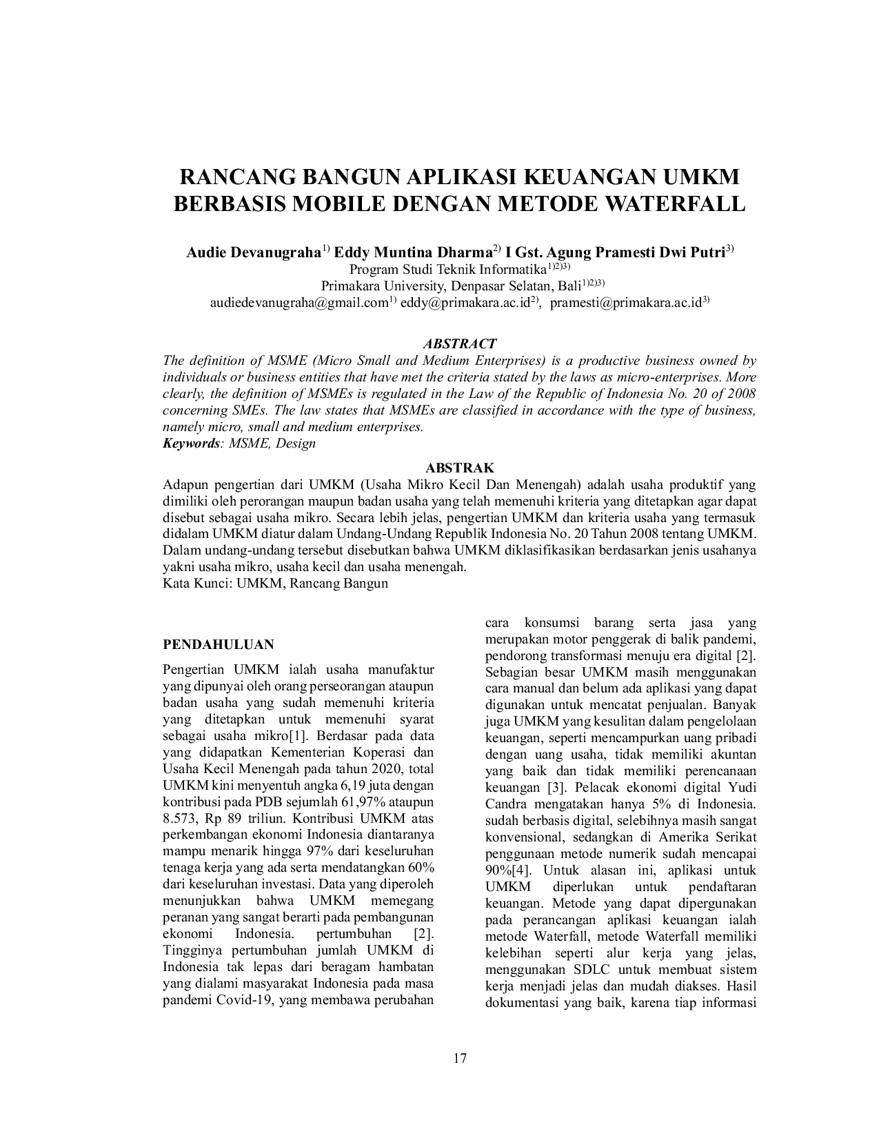 JURIS Rancang Bangun Aplikasi Keuangan UMKM Berbasis Mobile Dengan Metode Waterfall