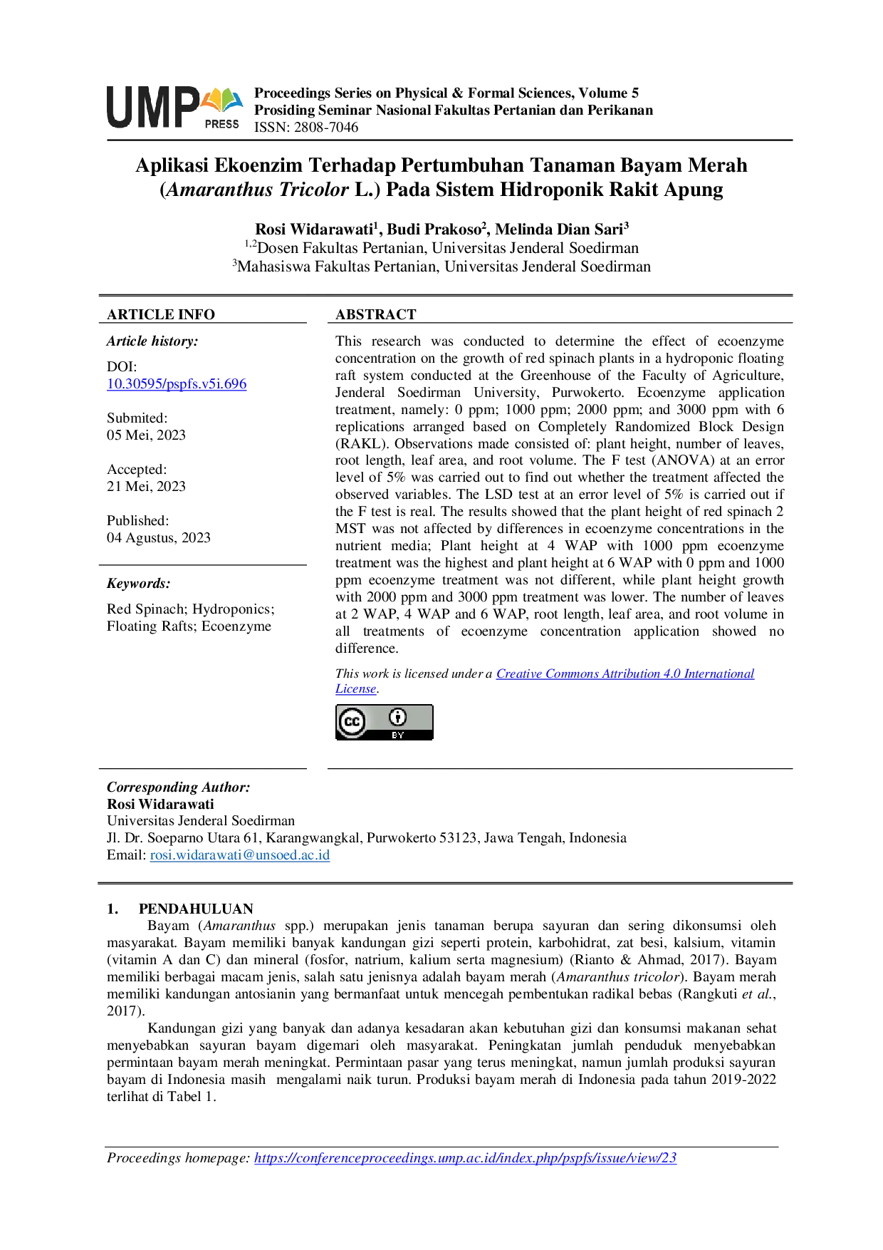 JURIS Aplikasi Ekoenzim Terhadap Pertumbuhan Tanaman Bayam Merah Amaranthus Tricolor L Pada Sistem Hidroponik Rakit Apung