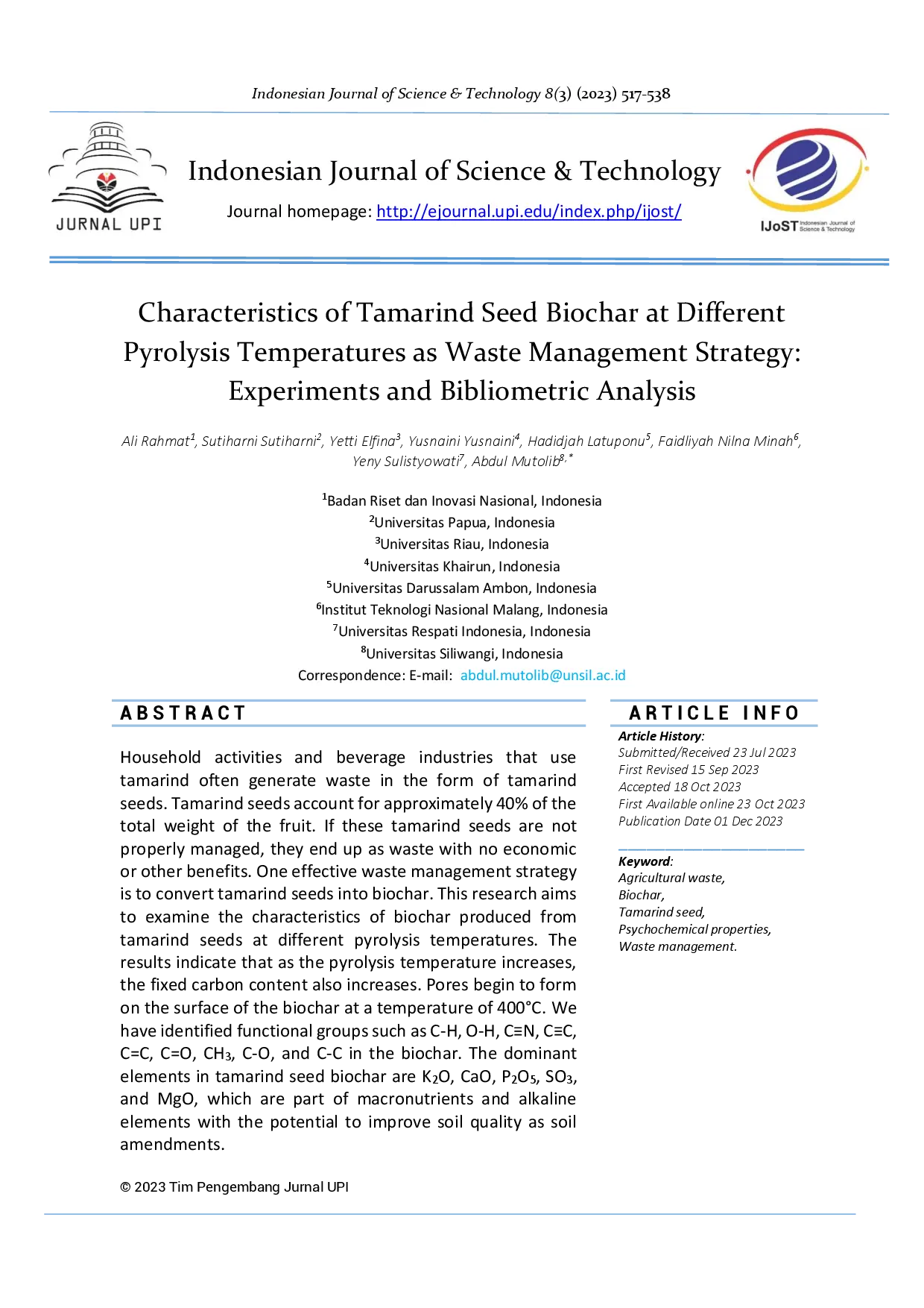 juris Characteristics of Tamarind Seed Biochar at Different Pyrolysis Temperatures as Waste Management Strategy Experiments and Bibliometric Analysis