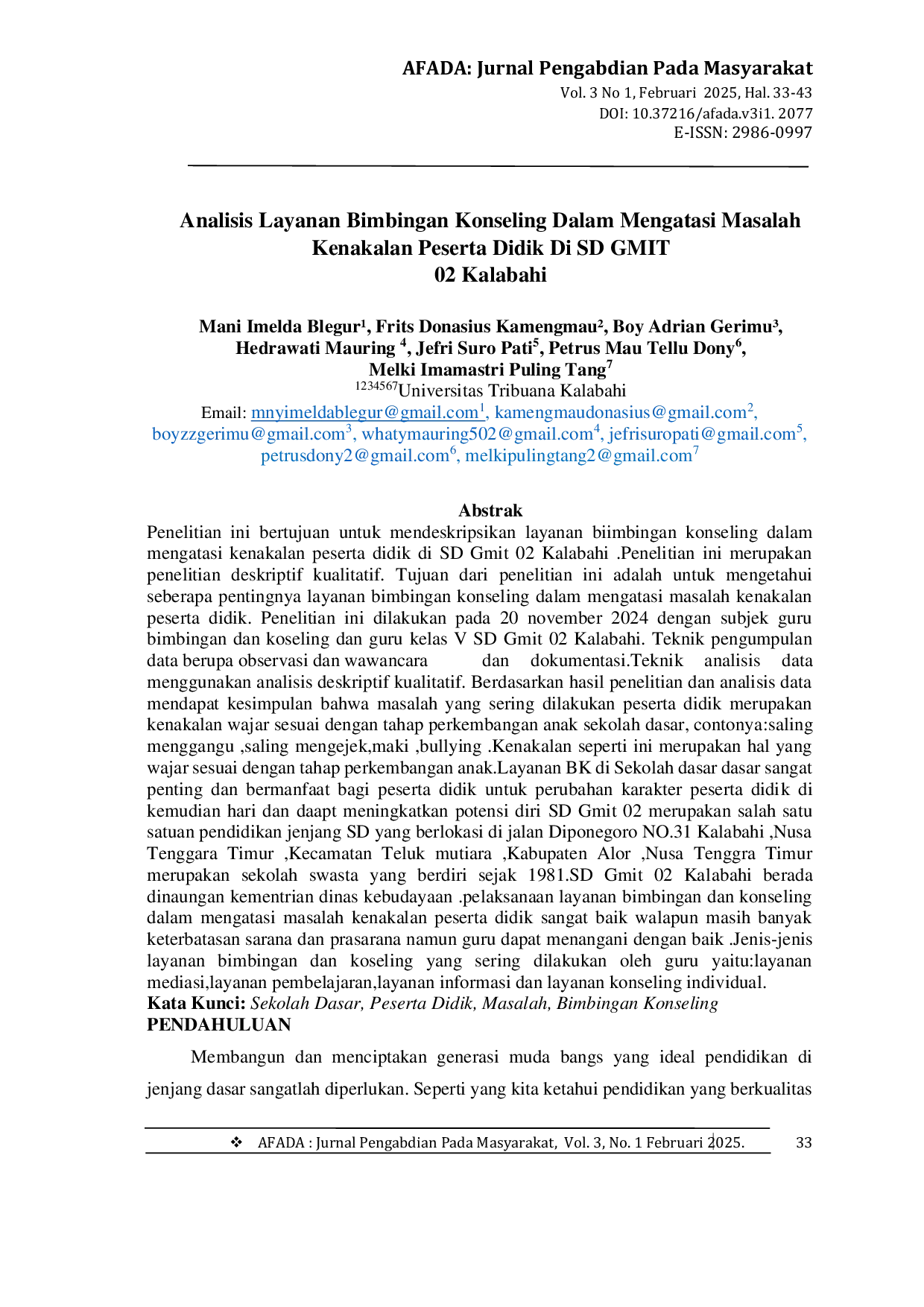 JURIS Analisis Layanan Bimbingan Konseling Dalam Mengatasi Masalah Kenakalan Peserta Didik Di SD GMIT 02 Kalabahi