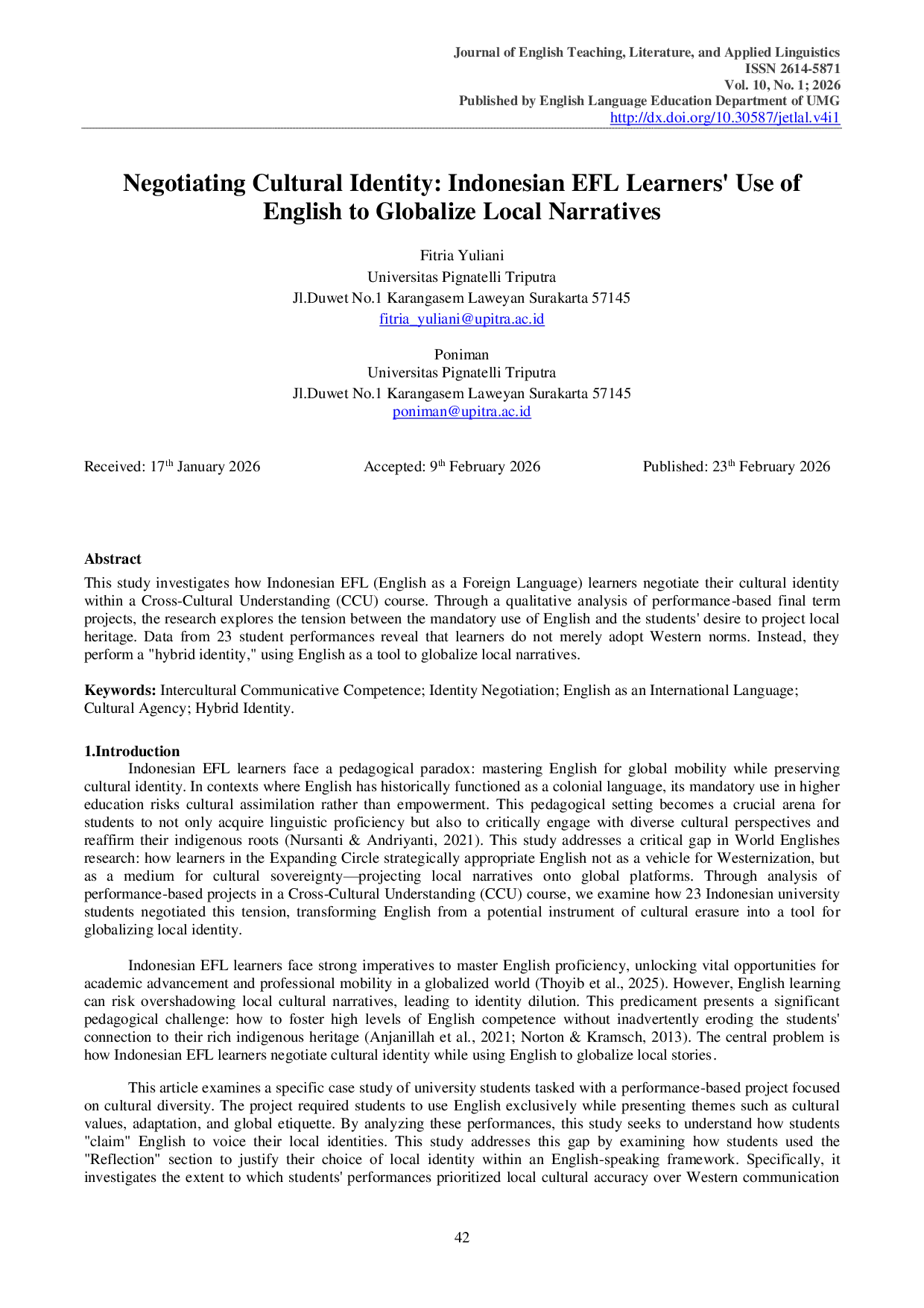 JURIS Negotiating Cultural Identity Indonesian EFL Learners Use of English to Globalize Local Narratives