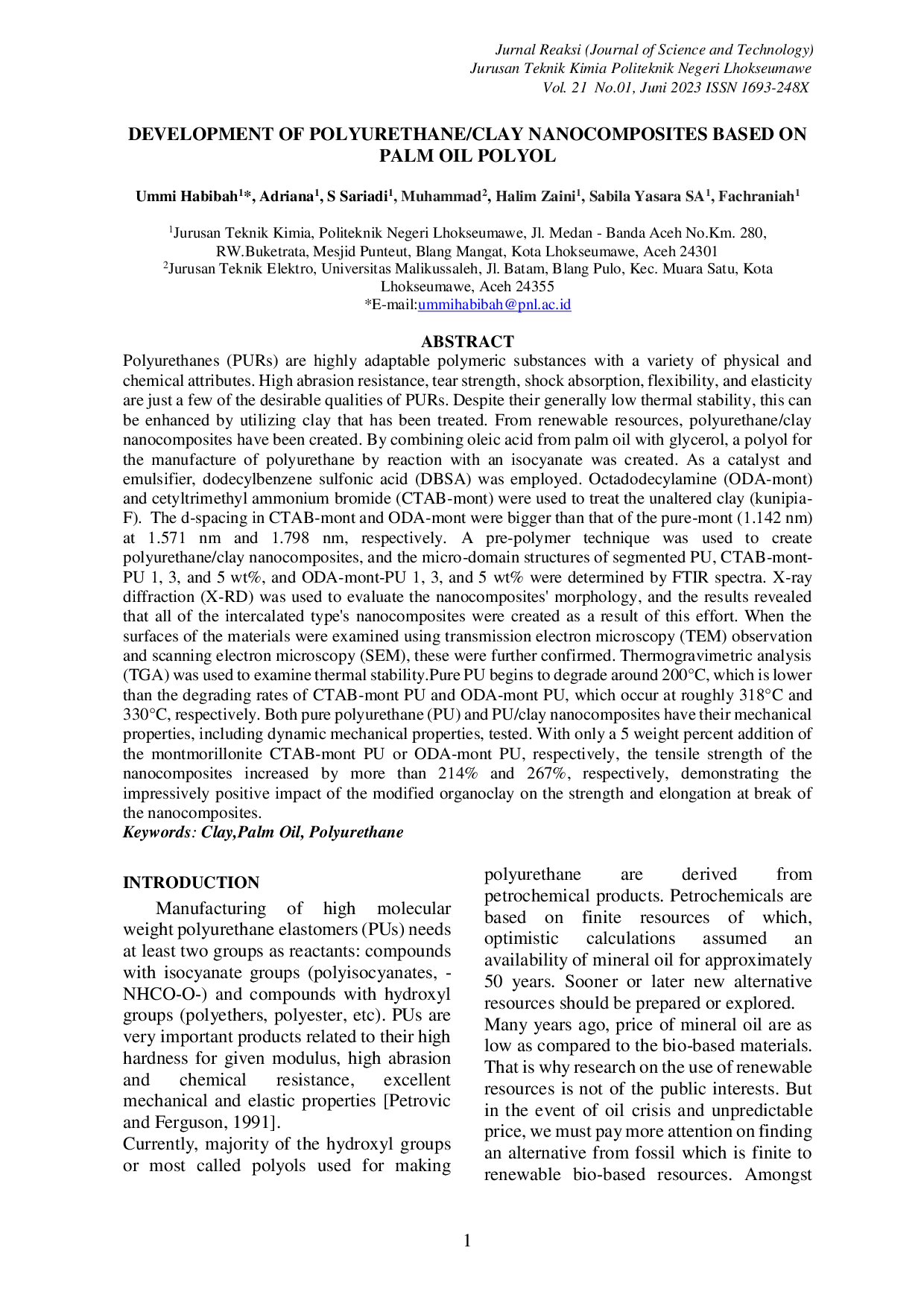 JURIS Development Of Polyurethane Clay Nanocomposites Based On Palm Oil Polyol