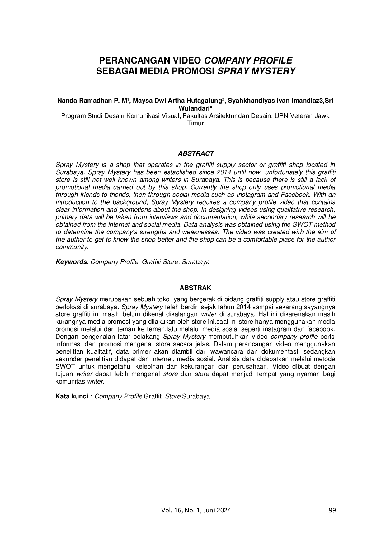 JURIS Perancangan Video Company Profile Sebagai Media Promosi Spray Mystery