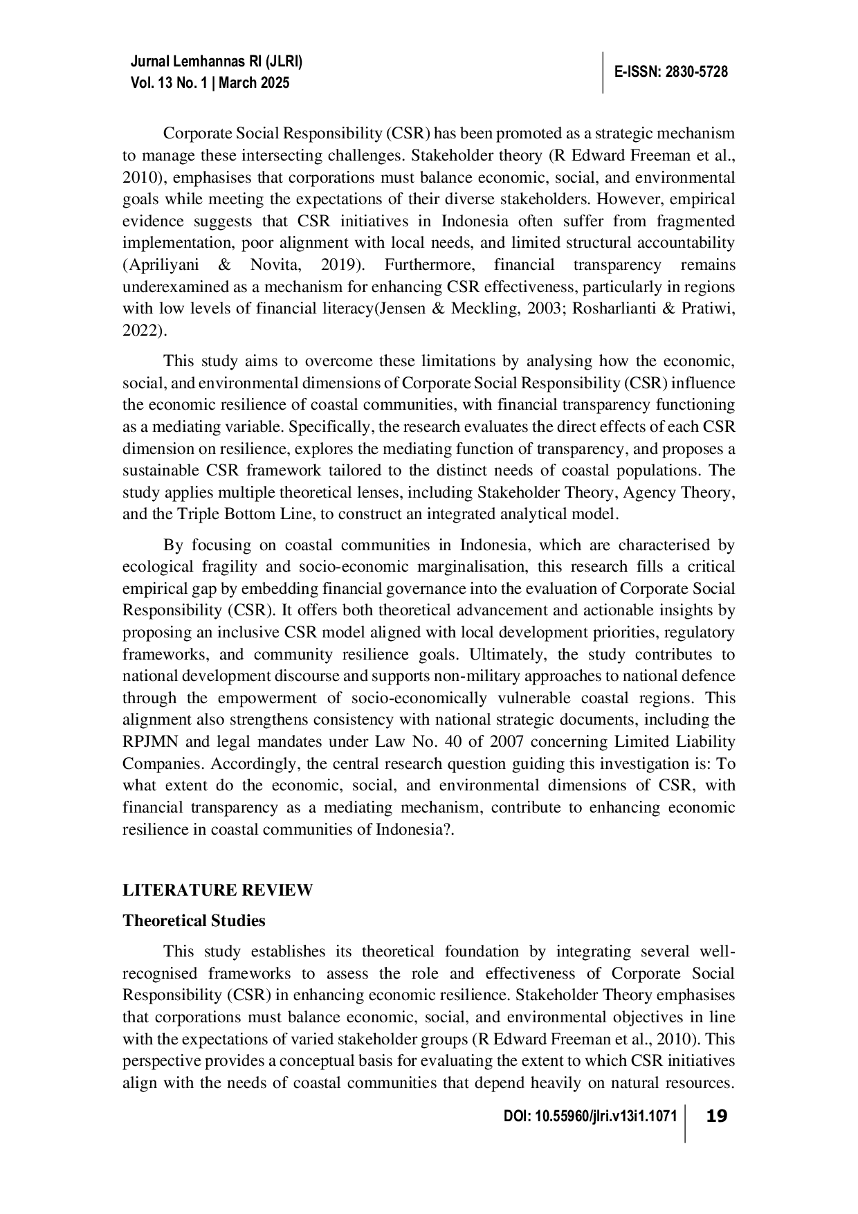 JURIS Mediating Role of Financial Transparency in Strengthening Economic Resilience