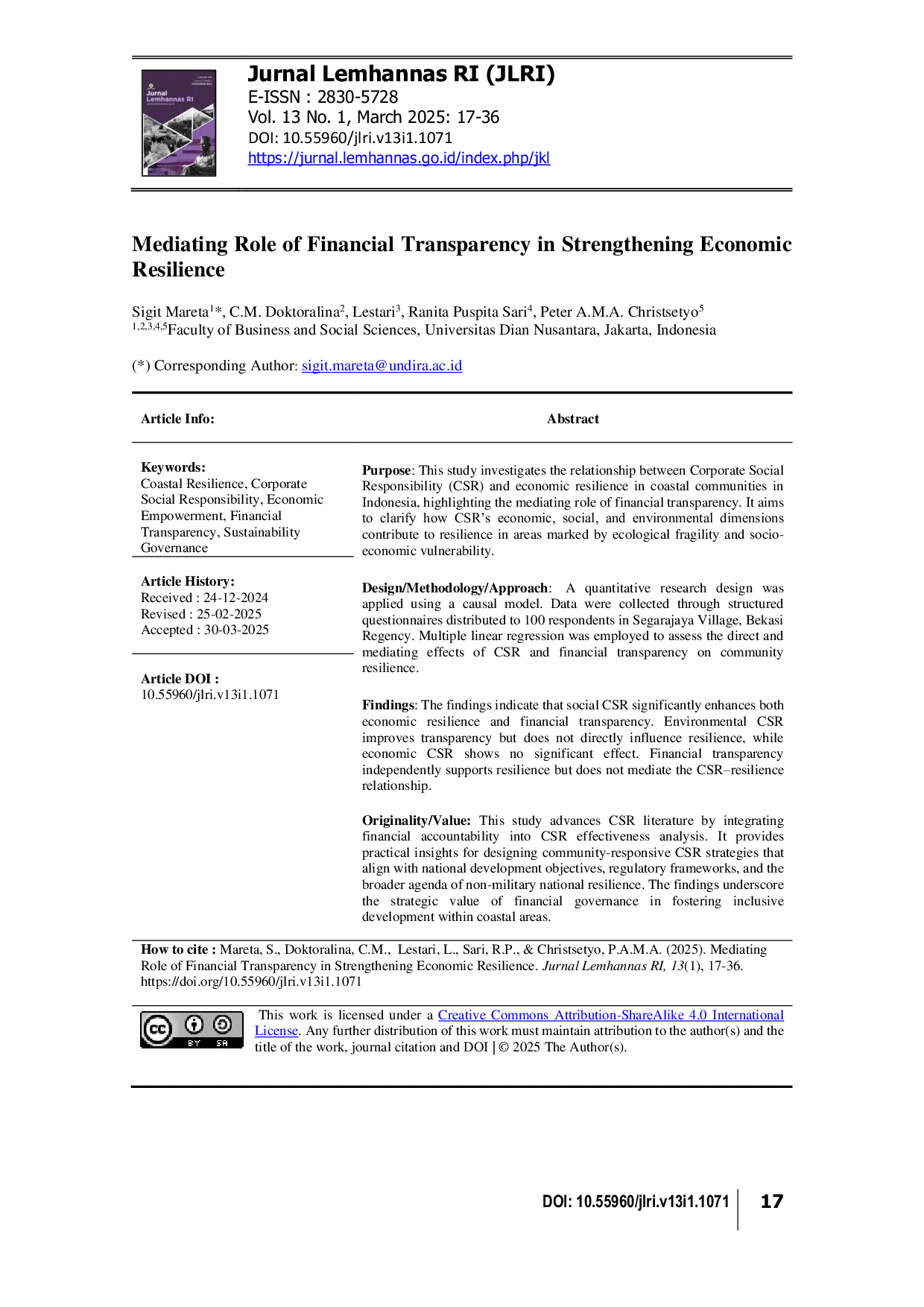 JURIS Mediating Role of Financial Transparency in Strengthening Economic Resilience