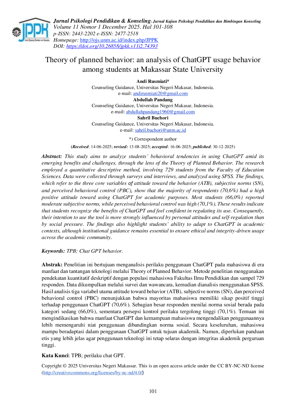 JURIS Theory of planned behavior an analysis of ChatGPT usage behavior among students at Makassar State University