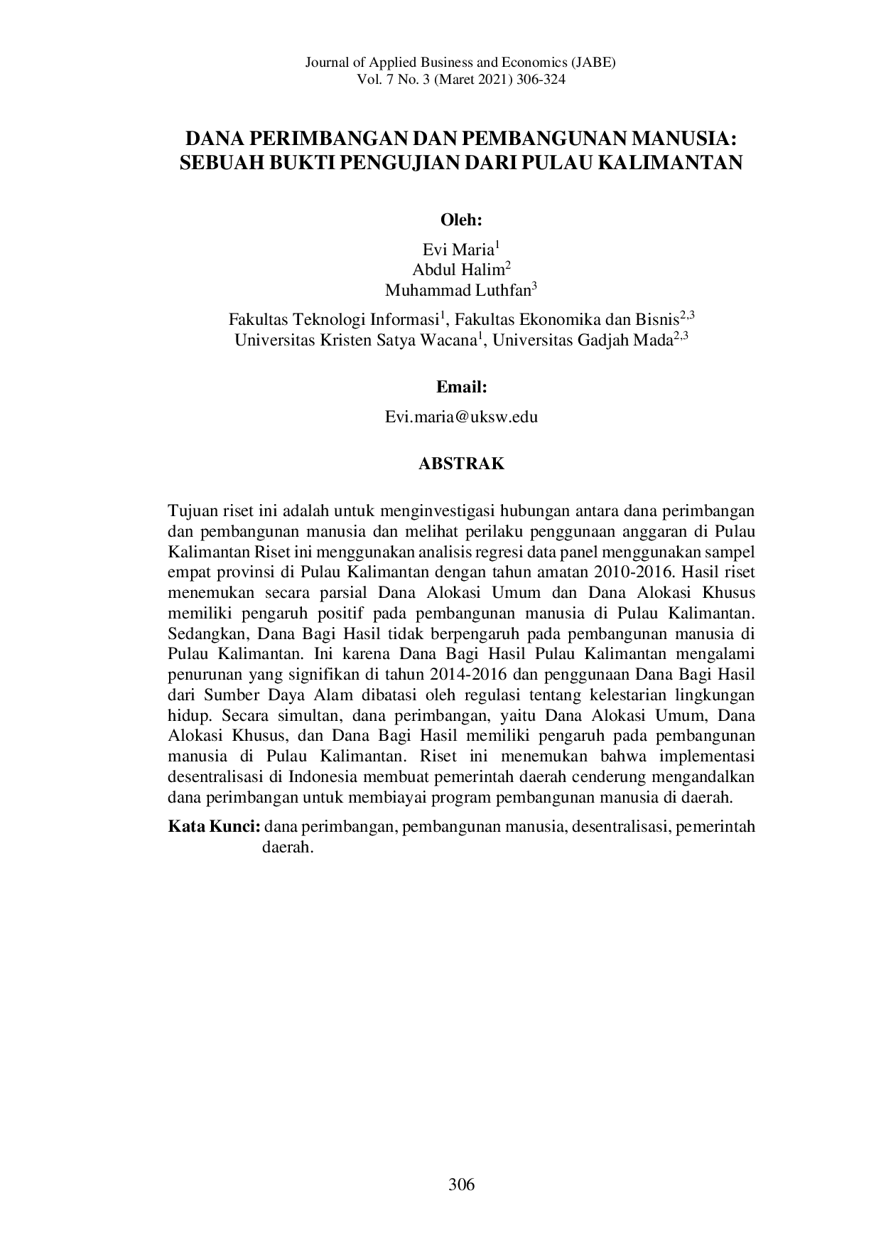 JURIS Dana Perimbangan dan Pembangunan Manusia Sebuah Bukti Pengujian dari Pulau Kalimantan