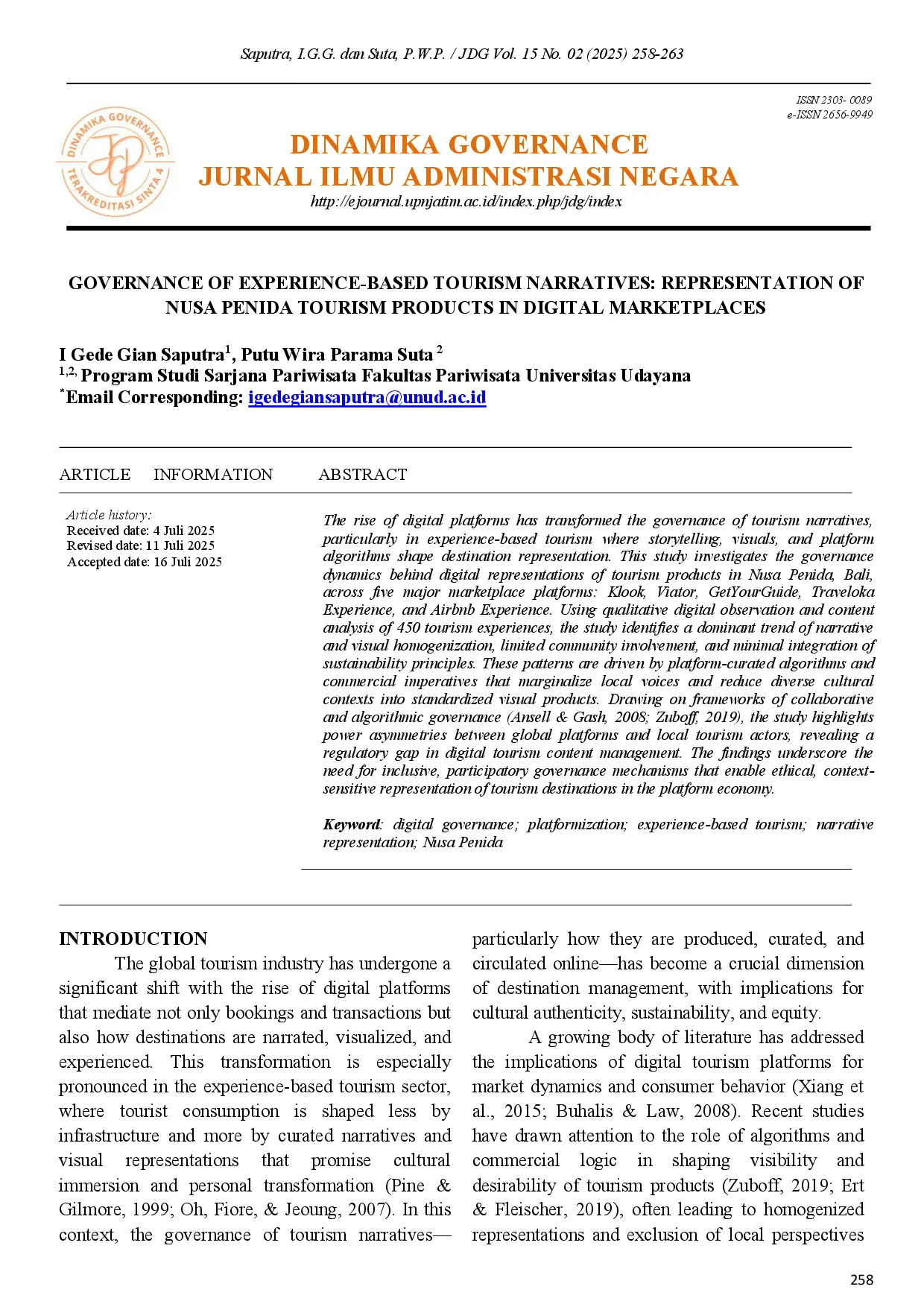 juris Governance of Experience Based Tourism Narratives Representation of Nusa Penida Tourism Products in Digital Marketplaces