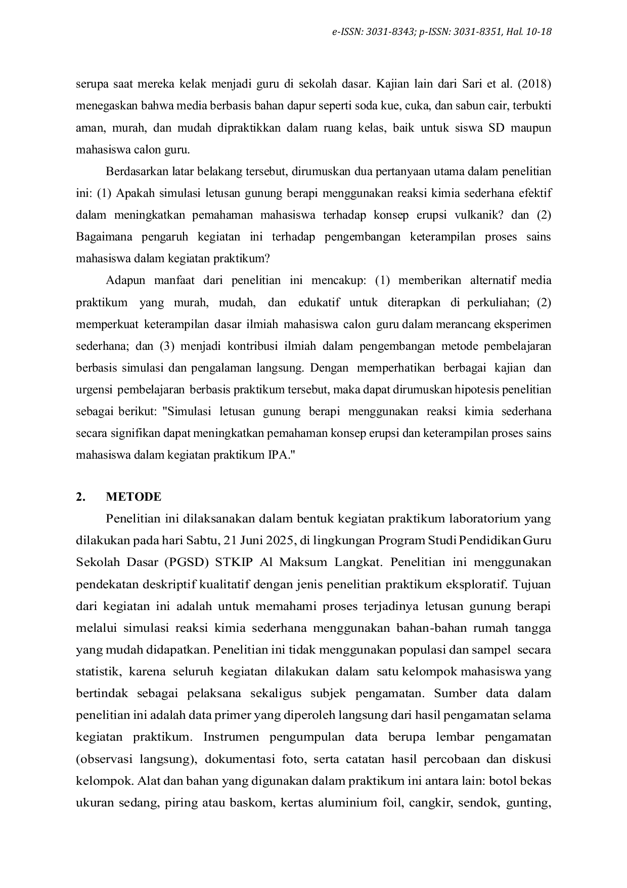 JURIS Eksperimen Mini Erupsi Gunung Berapi Berbasis Media Sederhana Upaya Peningkatan Keterampilan Proses Sains