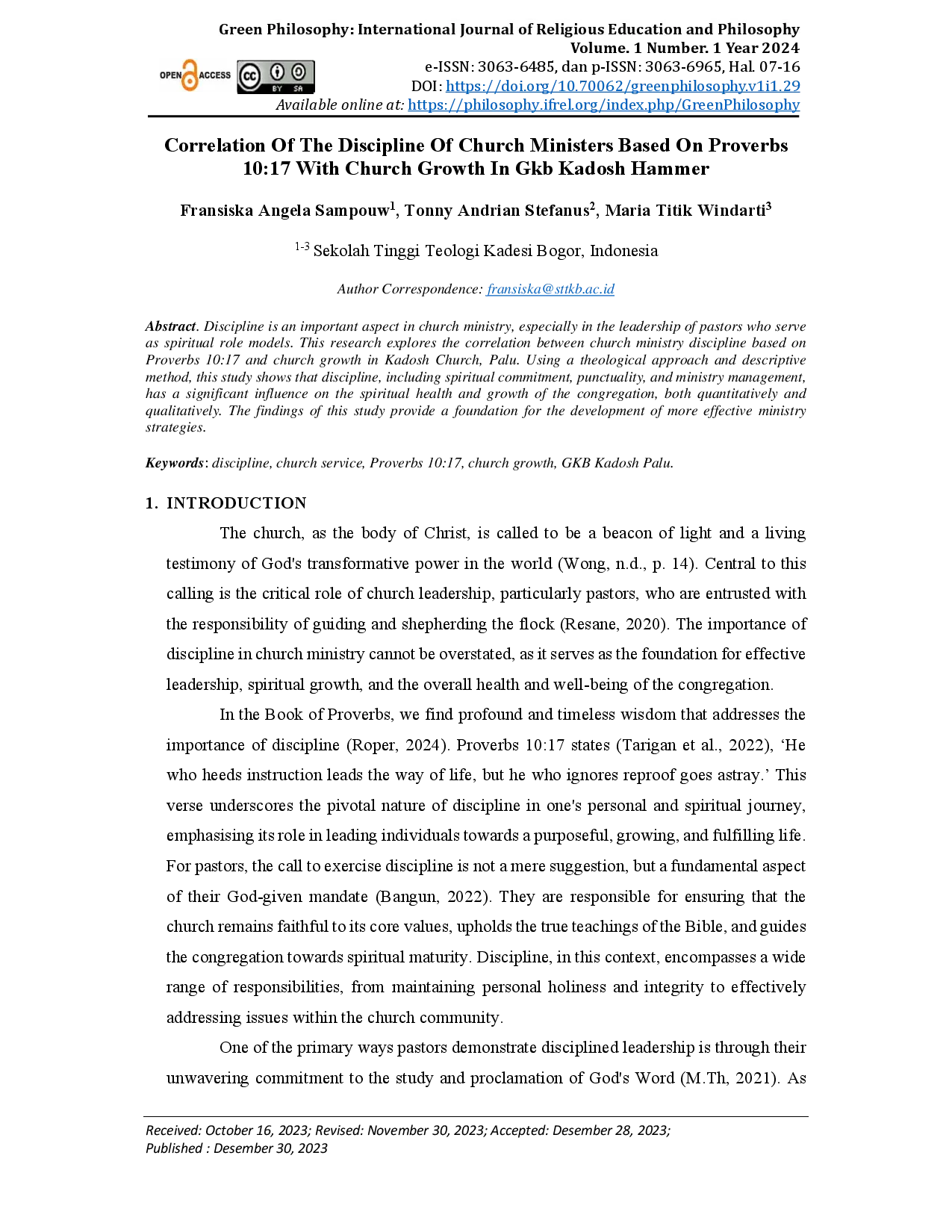 juris Correlation of the Discipline of Church Ministers Based on Proverbs 10 17 with Church Growth in GKB Kadosh Hammer