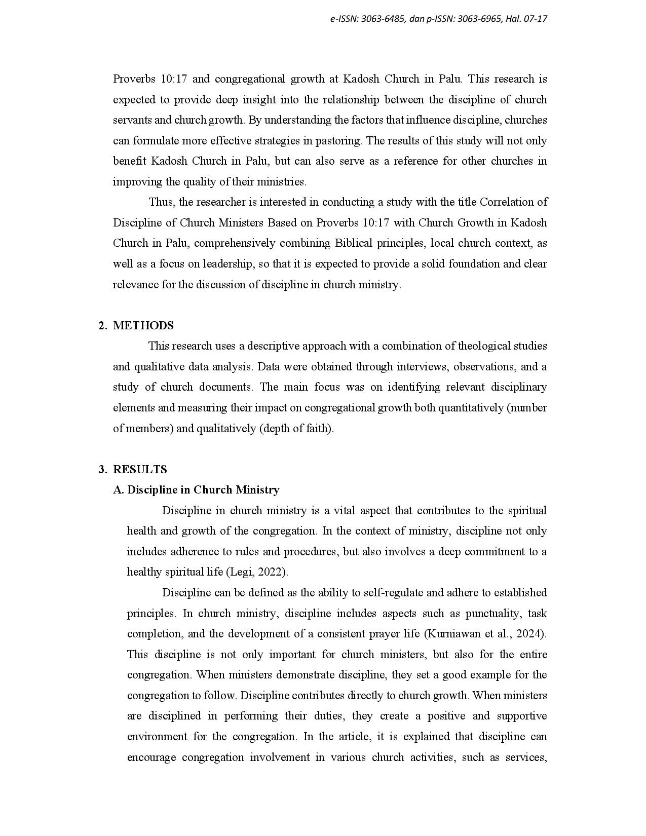 juris Correlation of the Discipline of Church Ministers Based on Proverbs 10 17 with Church Growth in GKB Kadosh Hammer
