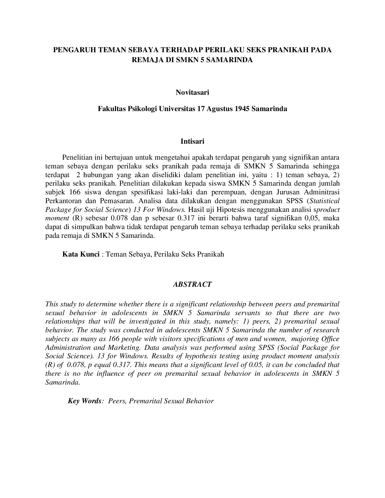 JURIS Pengaruh Teman Sebaya Terhadap Perilaku Seks Pranikah Pada Remaja di SMKN 5 Samarinda