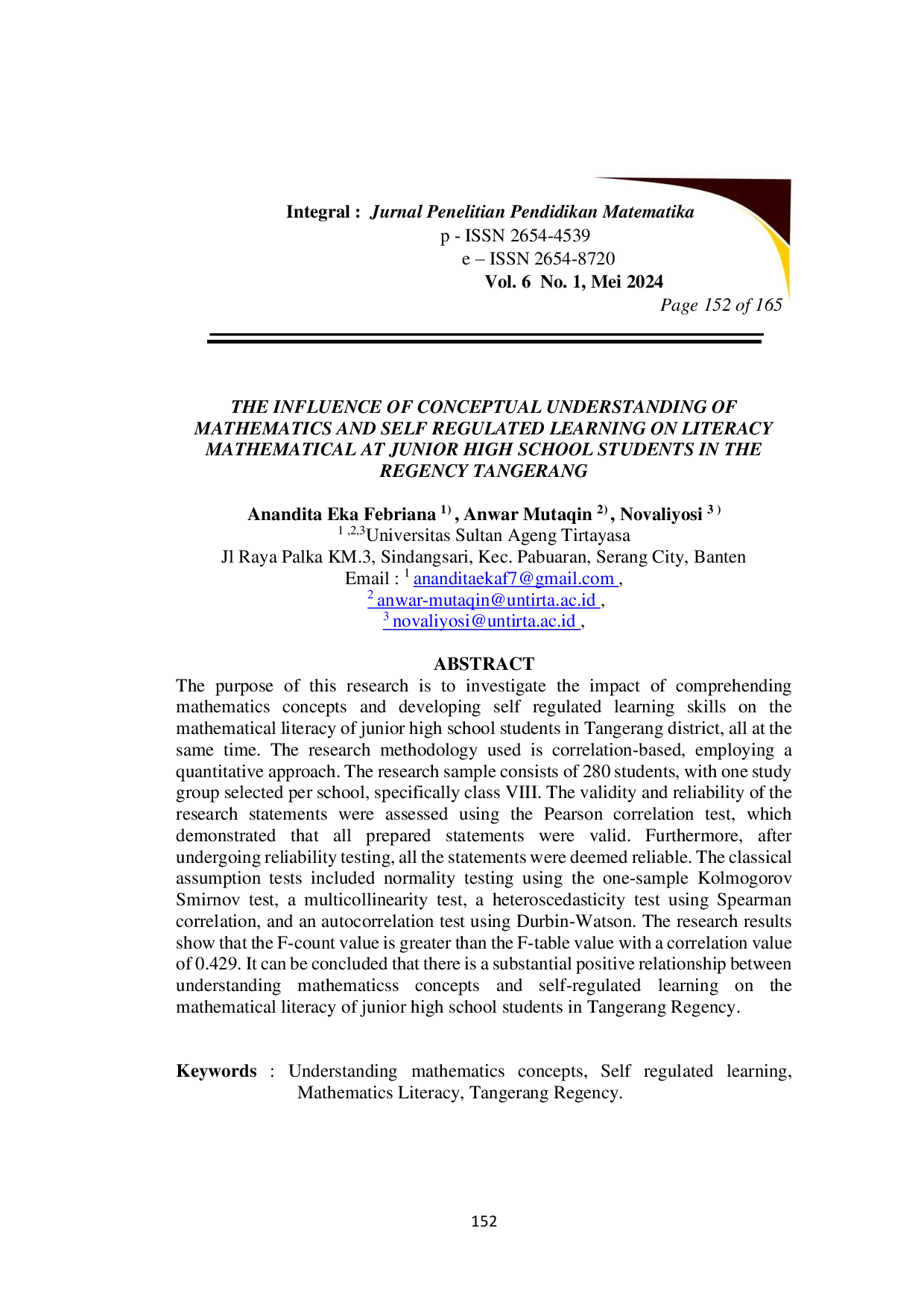 JURIS The Influence of Conceptual Understanding of Mathematics and Self Regulated Learning on Literacy Mathematical at Junior High School Students in the Regency Tangerang