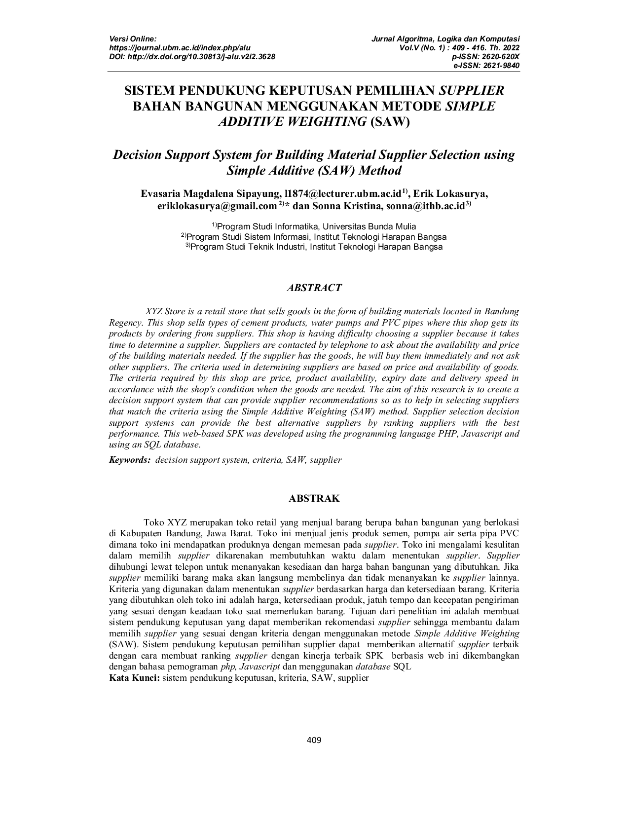 JURIS Decision Support System for Building Material Supplier Selection using Simple Additive Weighting SAW Method