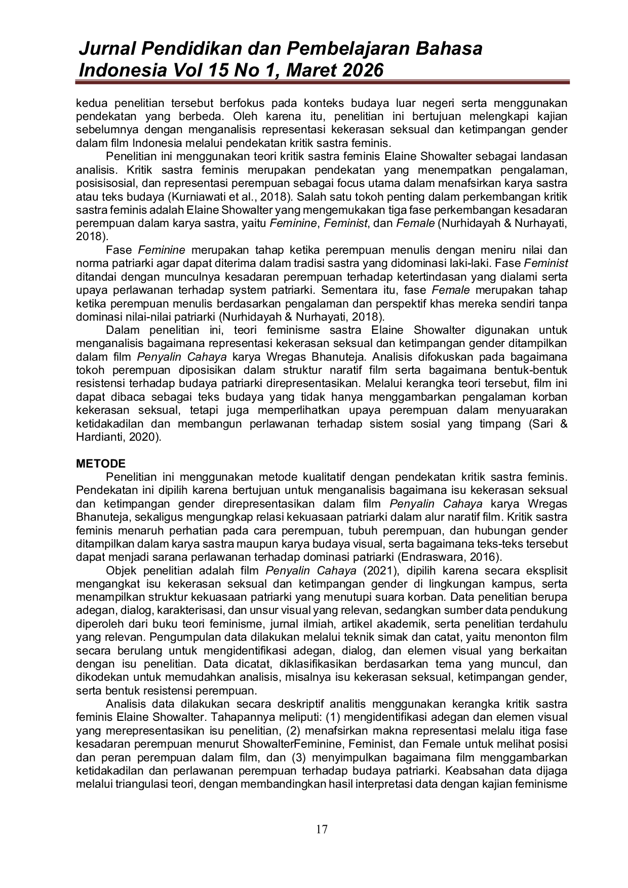 JURIS Isu Kekerasan Seksual dan Ketimpangan Gender dalam Film Penyalin Cahaya Karya Wregas Bhanuteja Kajian Kritik Sastra Feminis