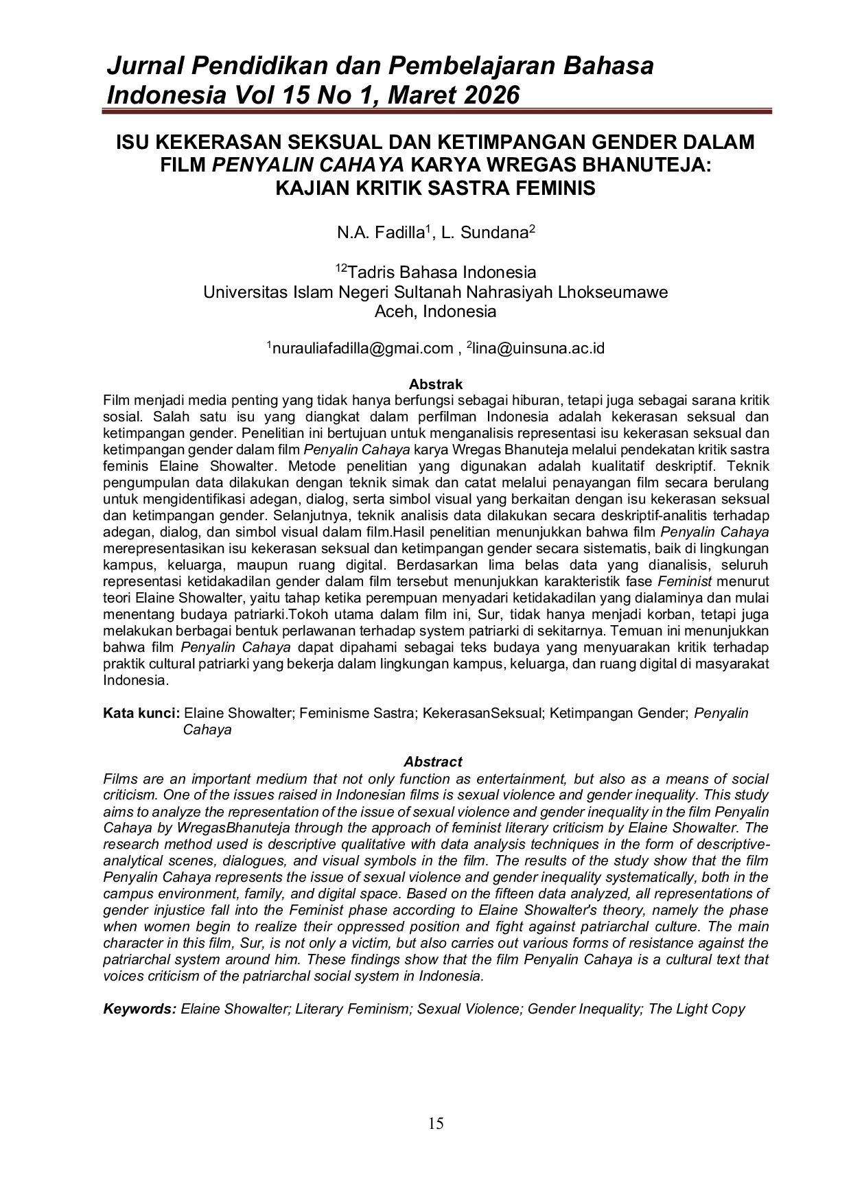 JURIS Isu Kekerasan Seksual dan Ketimpangan Gender dalam Film Penyalin Cahaya Karya Wregas Bhanuteja Kajian Kritik Sastra Feminis