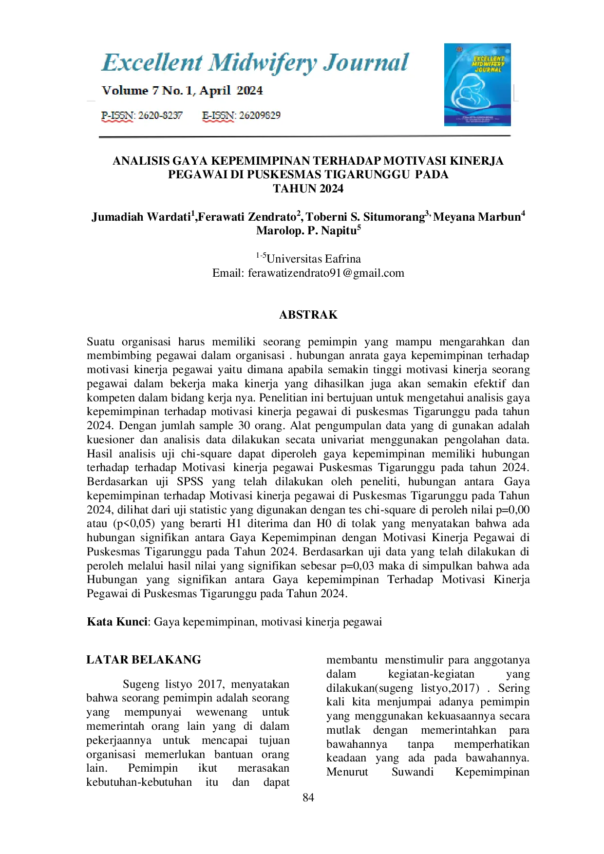 JURIS Analisis Gaya Kepemimpinan Terhadap Motivasi Kinerja Pegawai di Puskesmas Tigarunggu Pada Tahun 2024