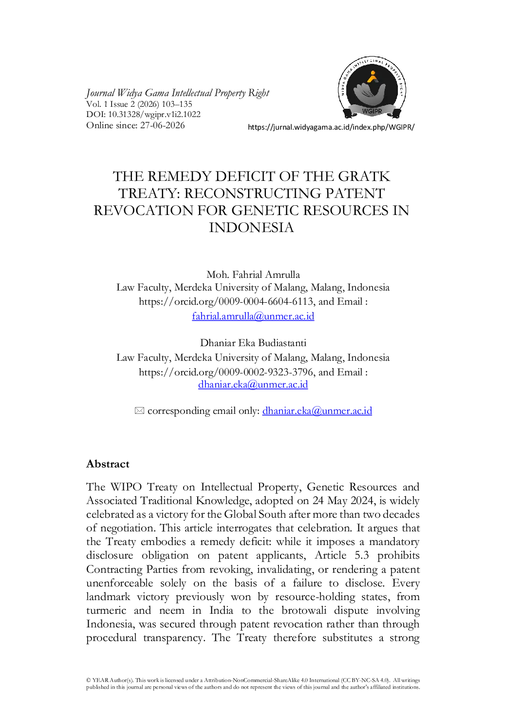 JURIS The Remedy Deficit of the GRATK Treaty Reconstructing Patent Revocation for Genetic Resources in Indonesia