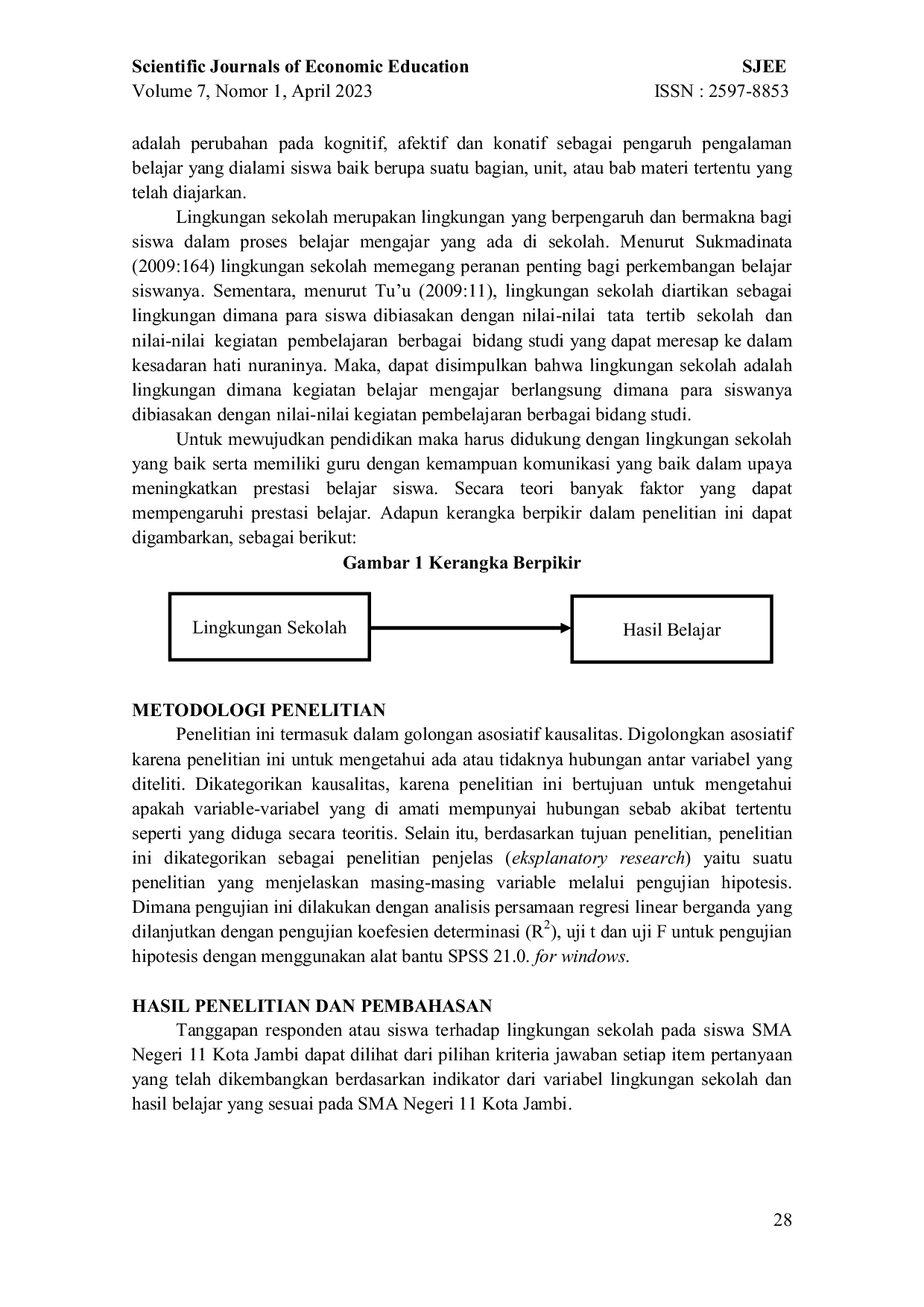 JURIS Pengaruh Lingkungan Sekolah Terhadap Hasil Belajar Siswa Pada Mata Pelajaran Ekonomi Kelas XI SMAN 11 Kota Jambi