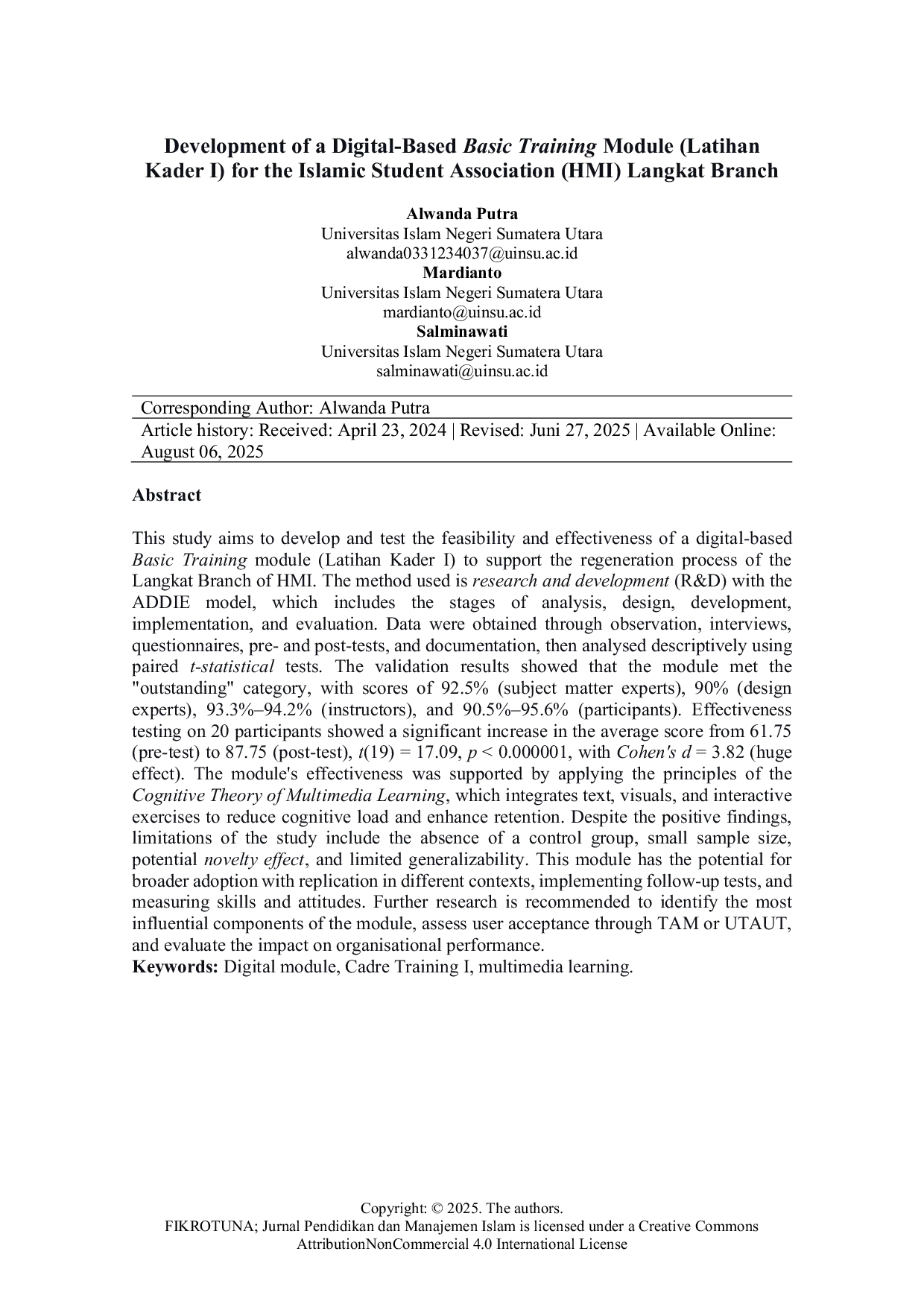 JURIS Pengembangan Modul Basic Training Latihan Kader I Berbasis Digital pada Perkaderan Himpunan Mahasiswa Islam HMI Cabang Langkat