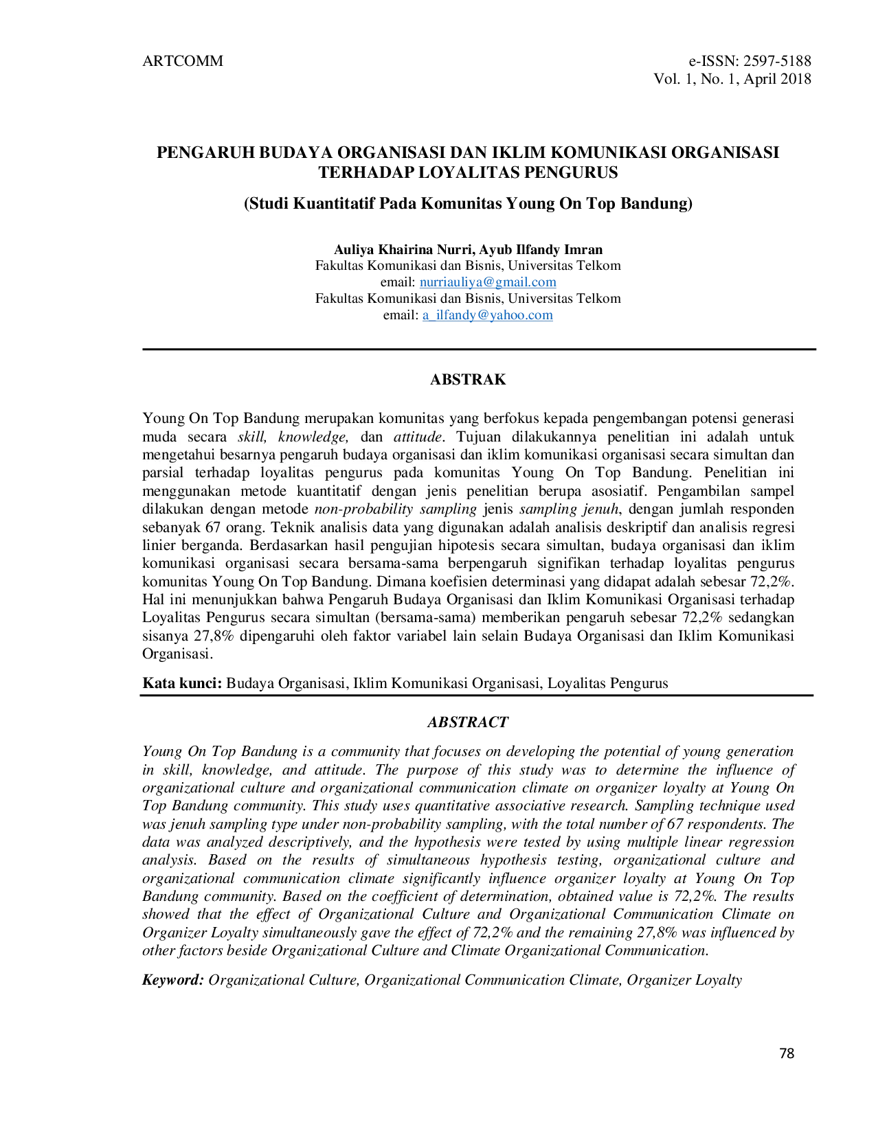 JURIS Pengaruh Budaya Organisasi Dan Iklim Komunikasi Organisasi Terhadap Loyalitas Pengurus Studi Kuantitatif Pada Komunitas Young On Top Bandung