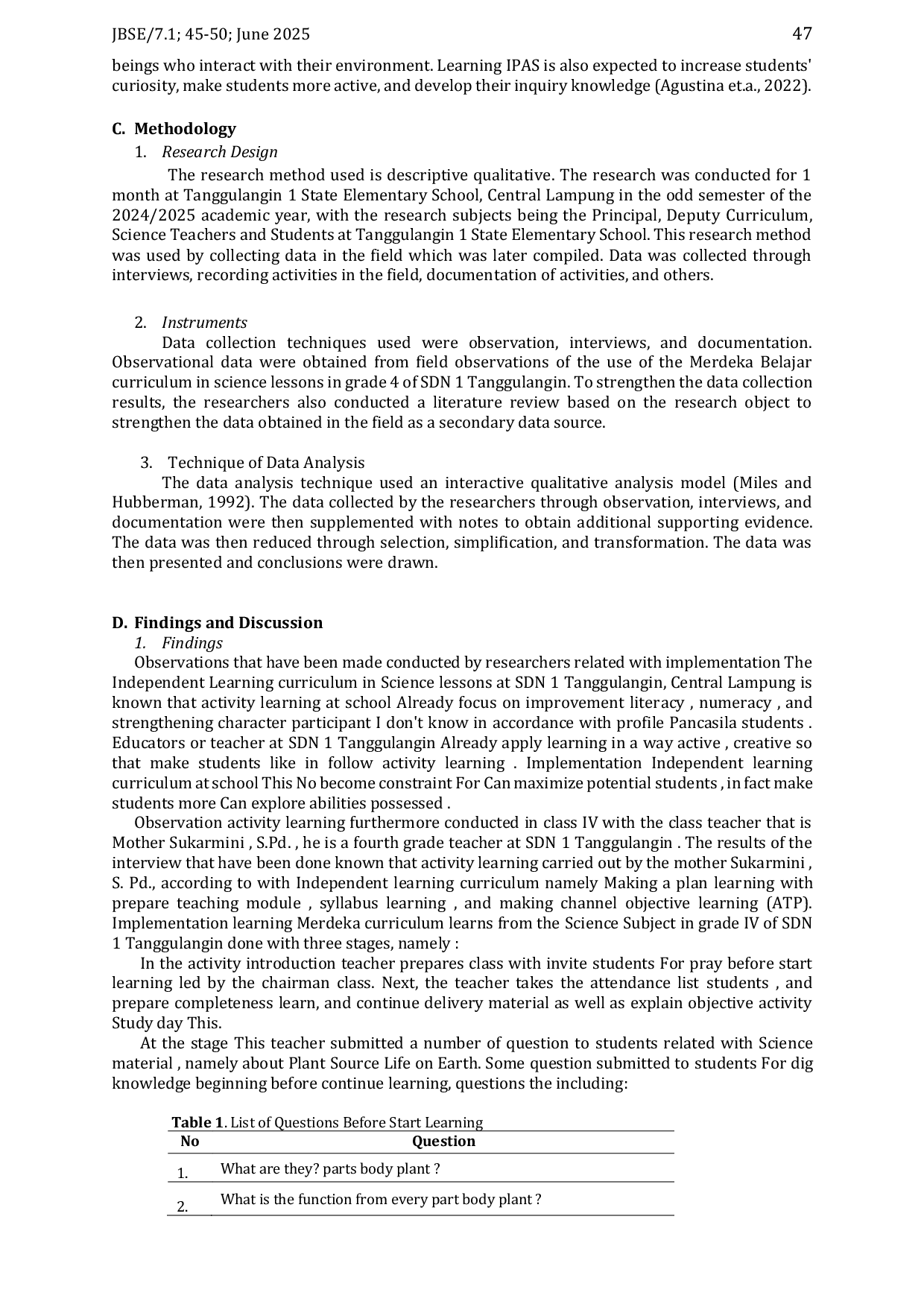 JURIS Implementation of Independent Curriculum in Science Subjects at Elementary School 1 Tanggulangin Central Lampung