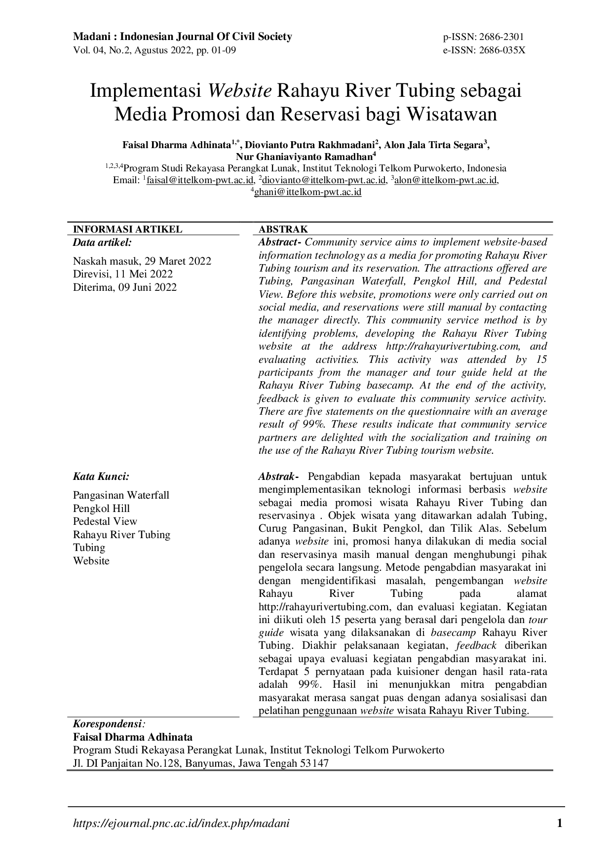 JURIS Implementasi Website Rahayu River Tubing sebagai Media Promosi dan Reservasi bagi Wisatawan