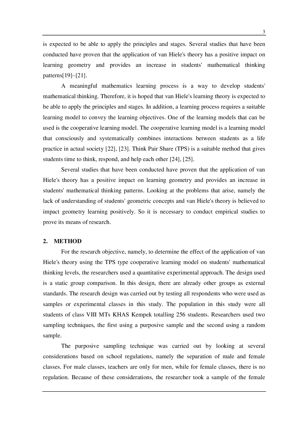 JURIS Van Hiele s Theory and Think Pair Share Cooperative Learning Model and Their Effect on Madrasah Tsanawiyah Student s Level of Mathematical Thinking