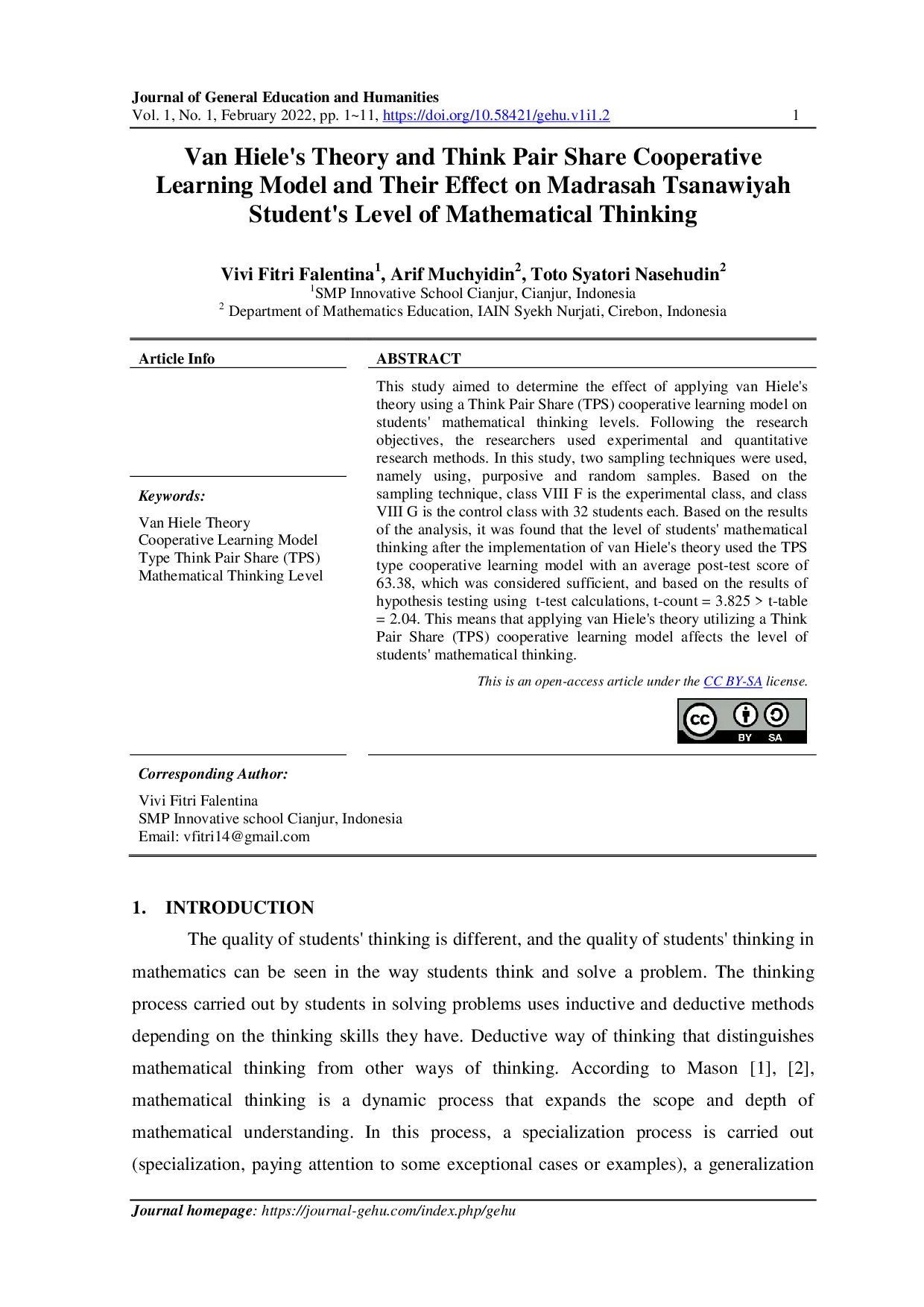 JURIS Van Hiele s Theory and Think Pair Share Cooperative Learning Model and Their Effect on Madrasah Tsanawiyah Student s Level of Mathematical Thinking
