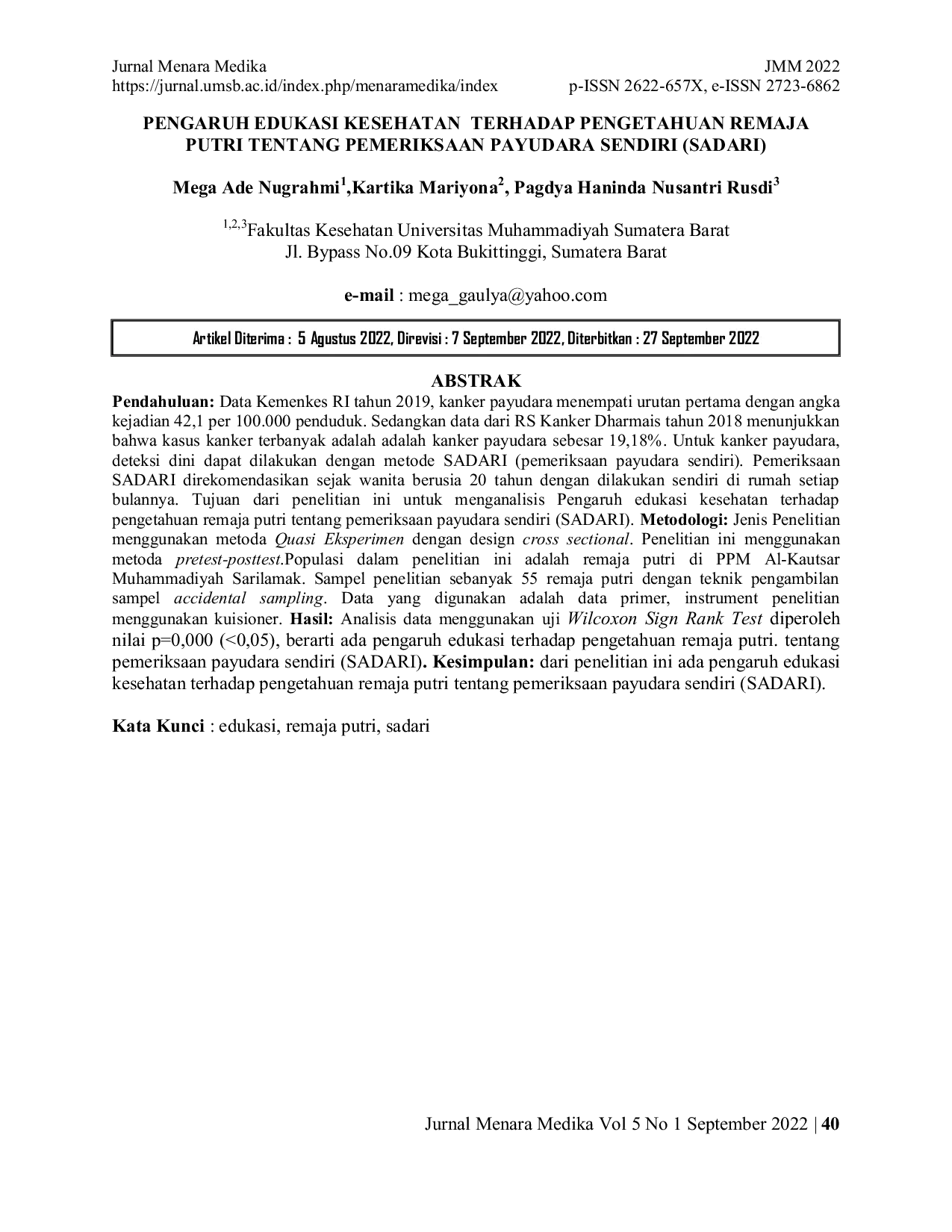 JURIS Pengaruh Edukasi Kesehatan Terhadap Pengetahuan Remaja Putri Tentang Pemeriksaan Payudara Sendiri SADARI
